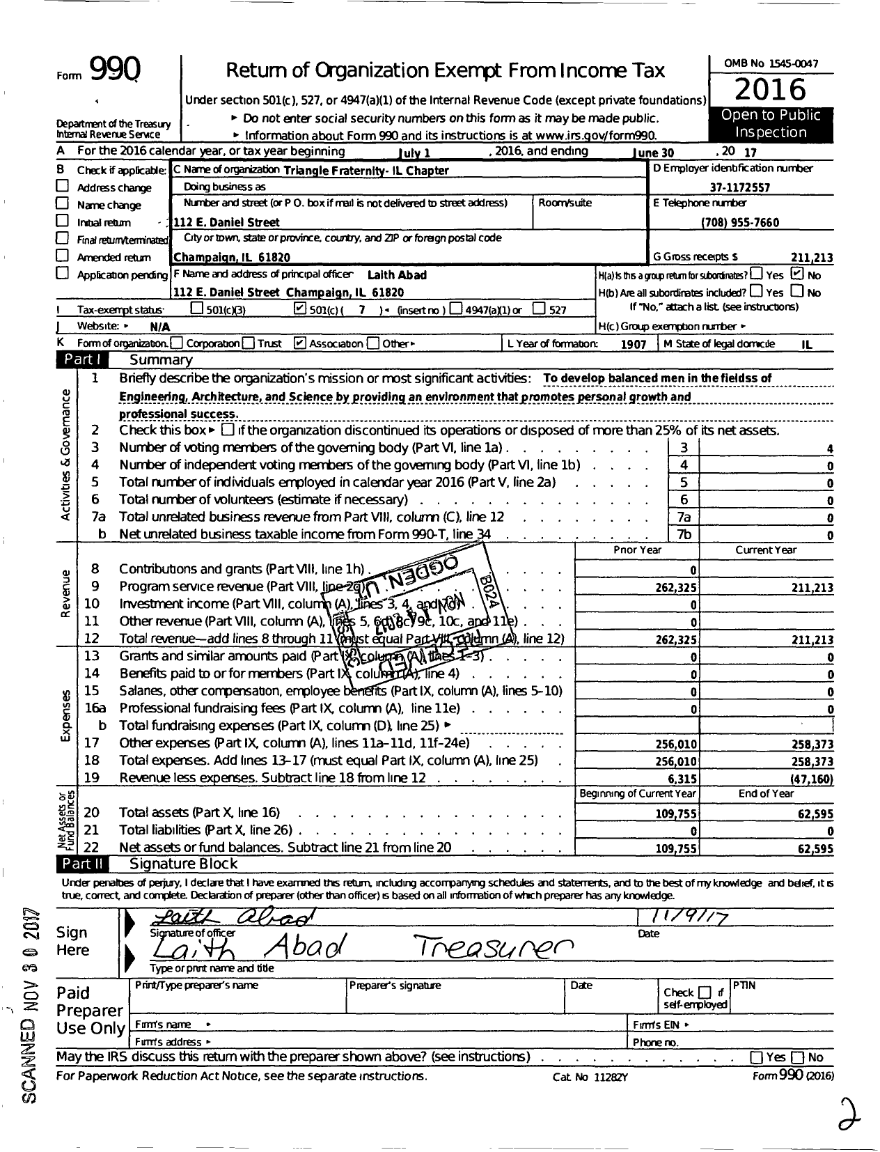 Image of first page of 2016 Form 990O for Triangle Fraternity National Council / Illinois Chapter