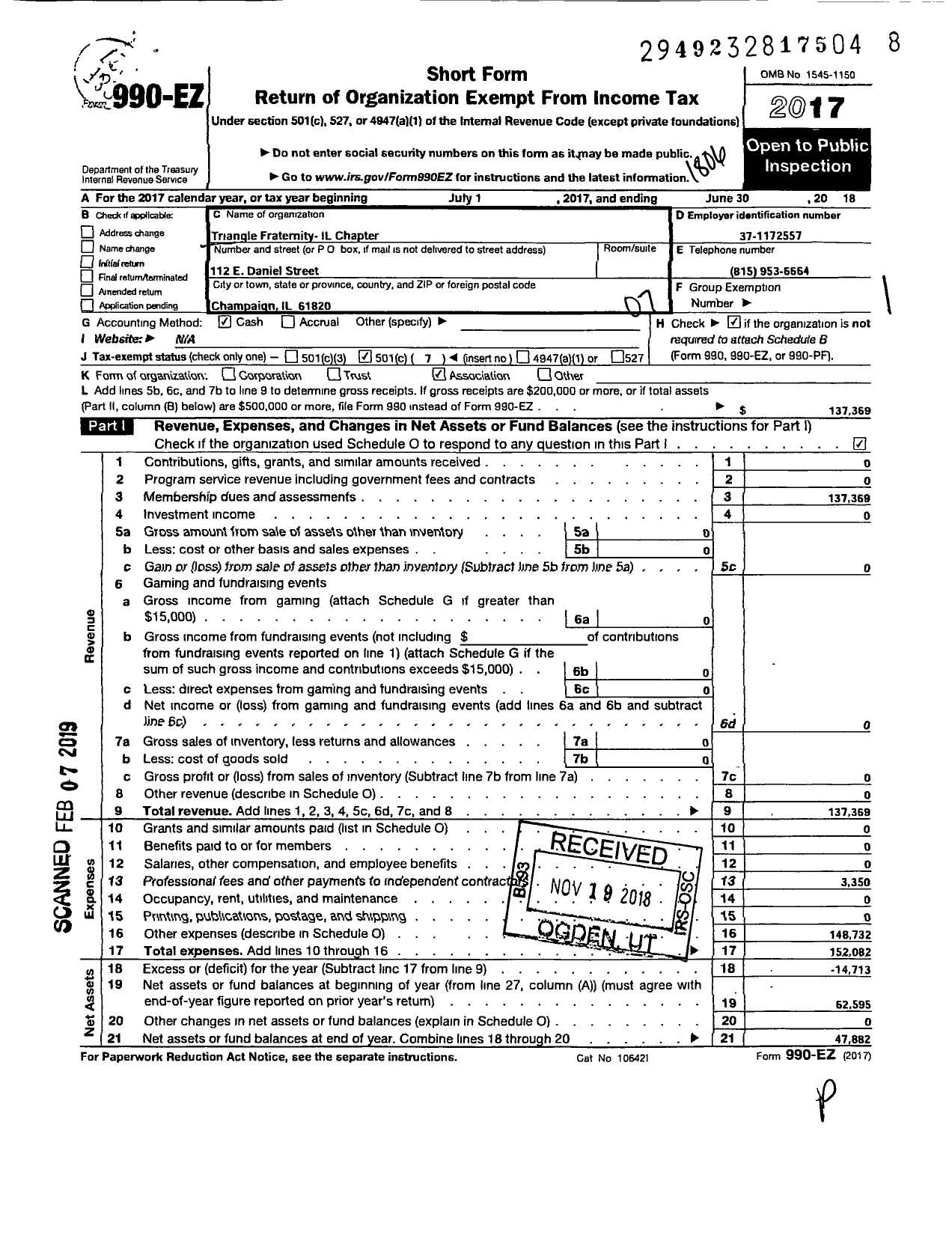 Image of first page of 2017 Form 990EO for Triangle Fraternity National Council / Illinois Chapter