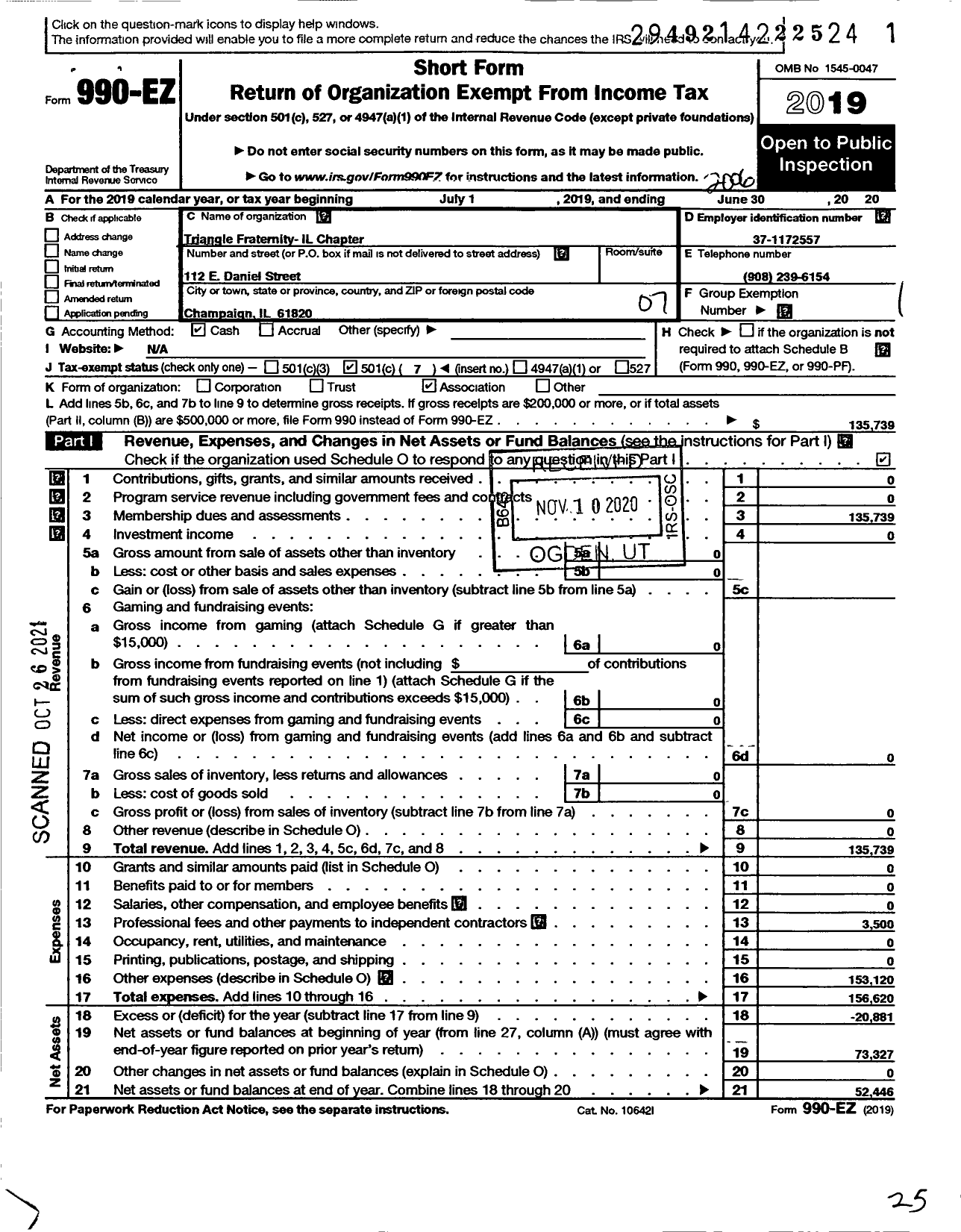 Image of first page of 2019 Form 990EO for Triangle Fraternity National Council / Illinois Chapter