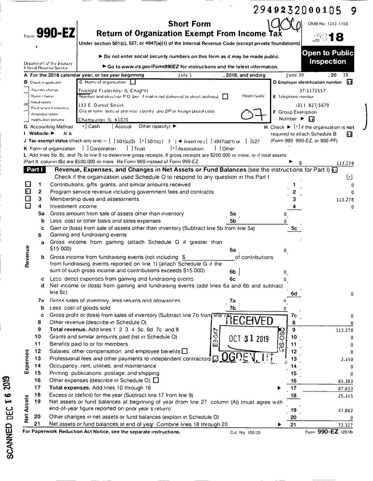 Image of first page of 2018 Form 990EO for Triangle Fraternity National Council / Illinois Chapter