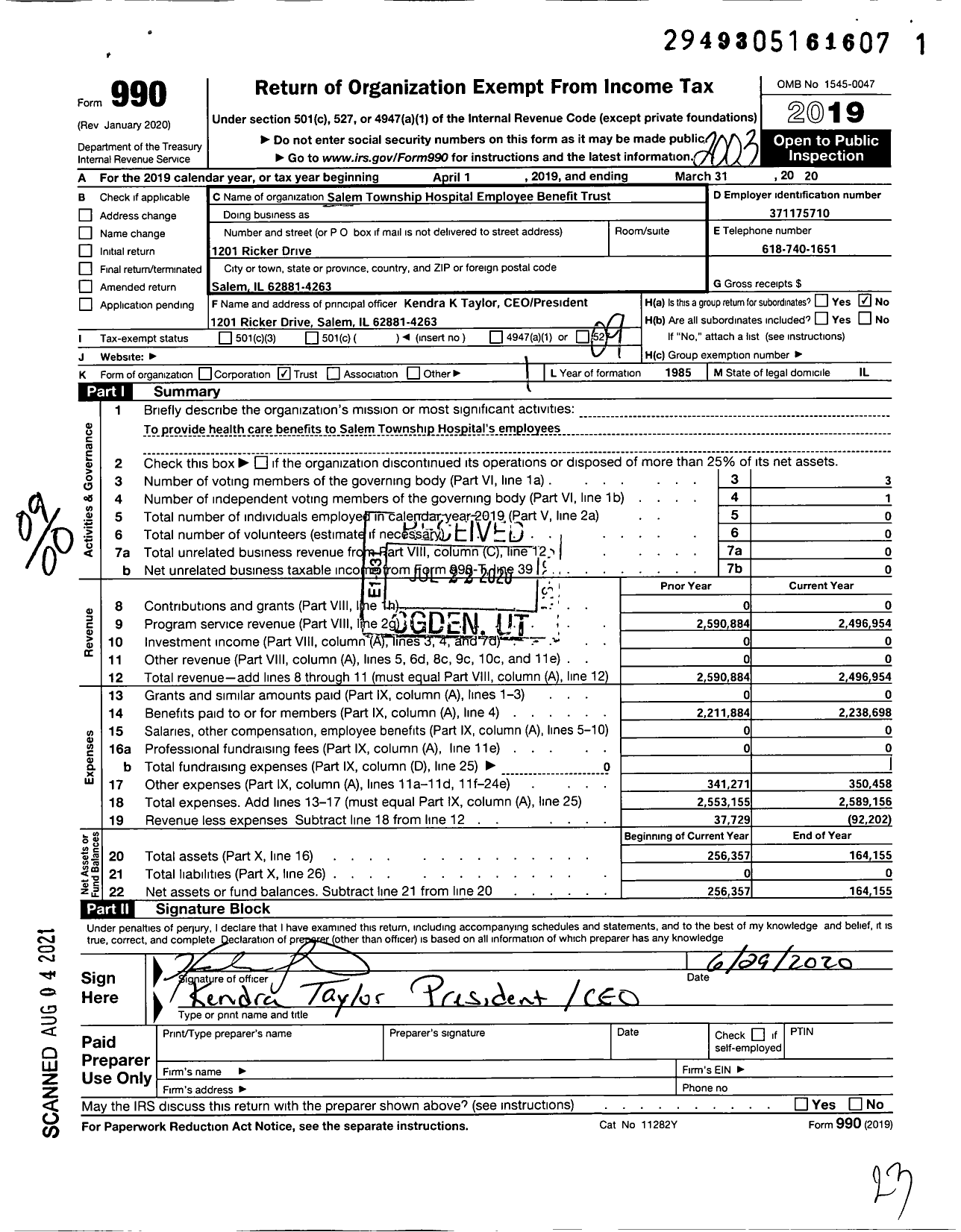 Image of first page of 2019 Form 990O for Public Hospital of the Town of Salem Employee Benefit Trust