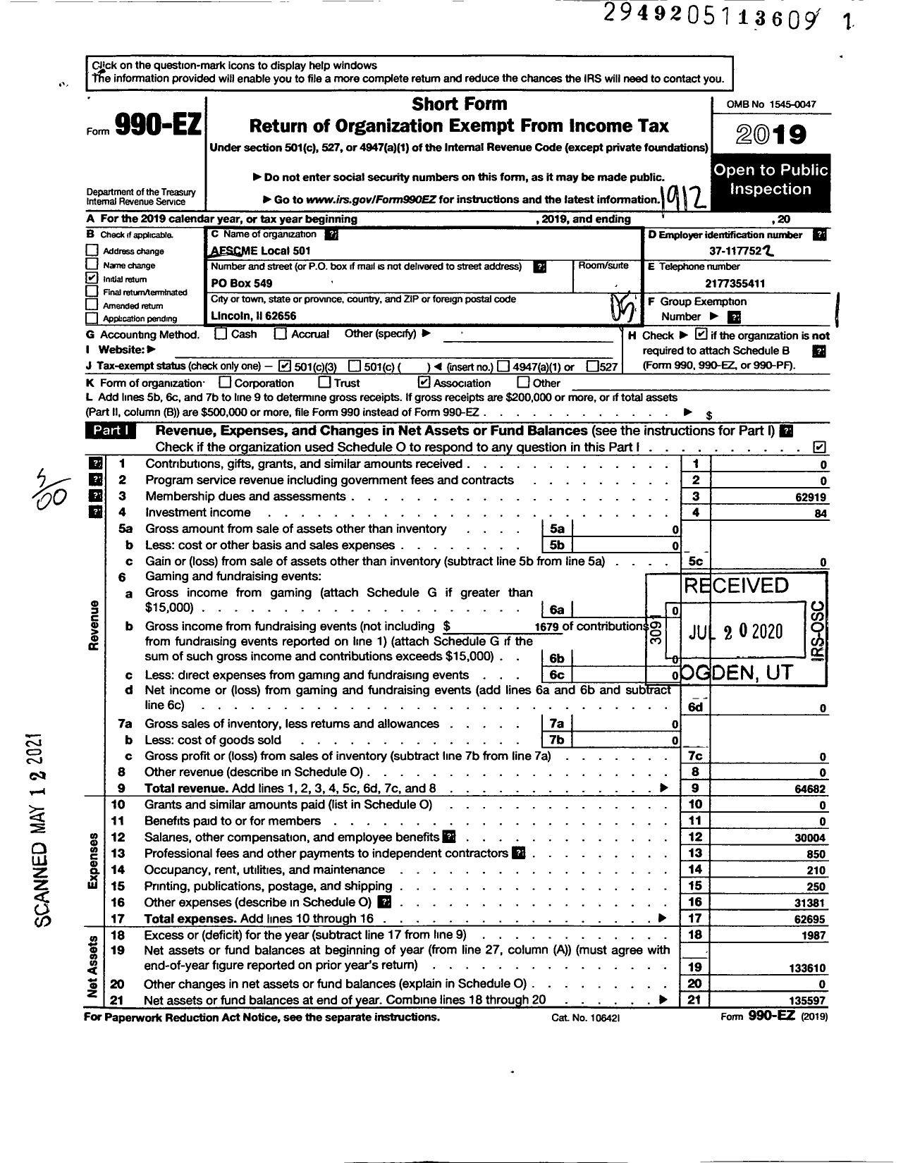 Image of first page of 2019 Form 990EO for American Federation of State County & Municipal Employees - L0501il Lincoln Corr Ctr Employees