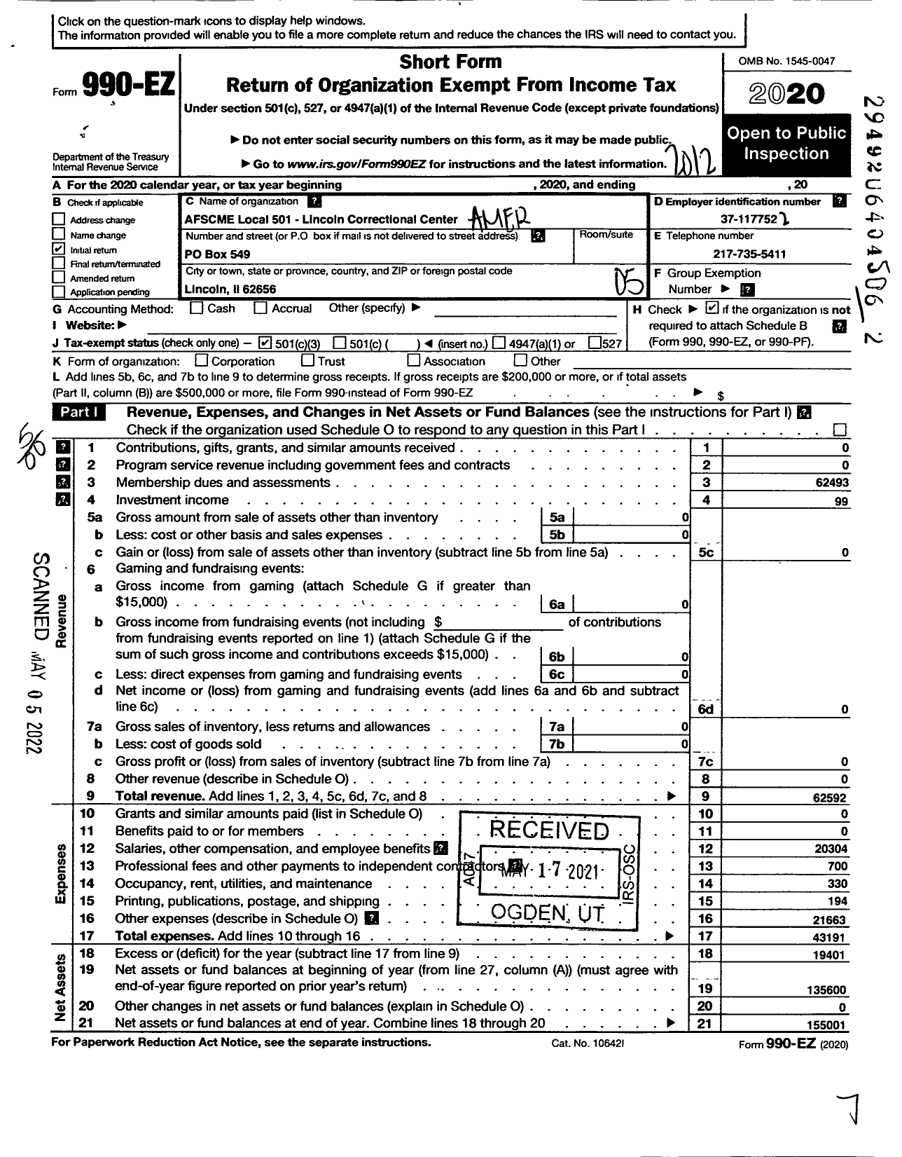 Image of first page of 2020 Form 990EO for American Federation of State County & Municipal Employees - L0501il Lincoln Corr Ctr Employees