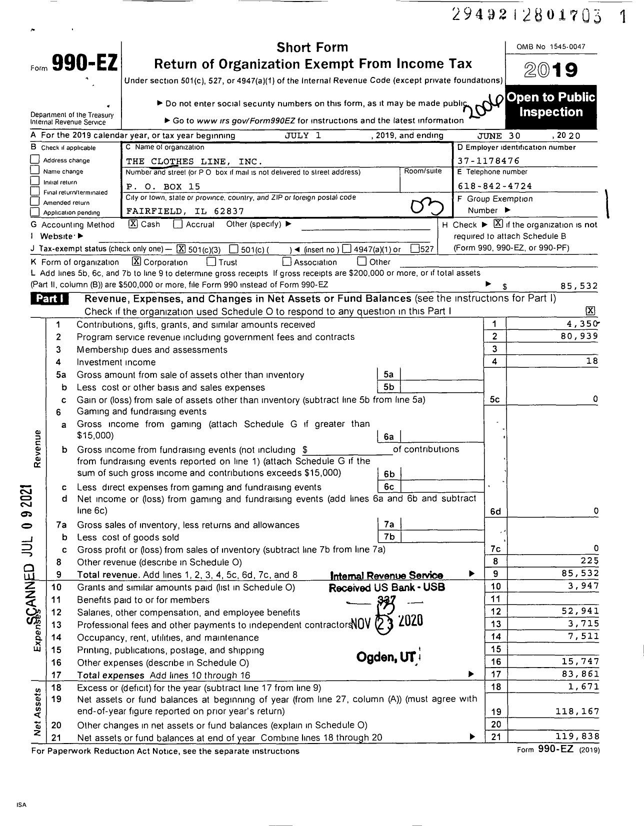 Image of first page of 2019 Form 990EZ for The Clothes Line