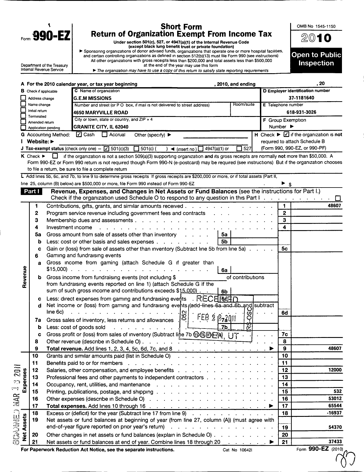 Image of first page of 2010 Form 990EZ for Gem Missions