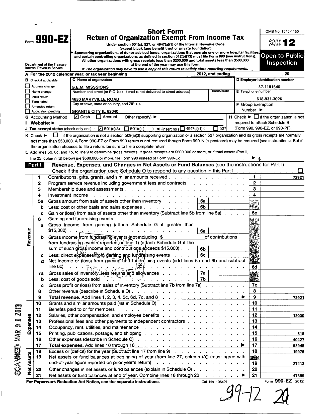 Image of first page of 2012 Form 990EZ for Gem Missions