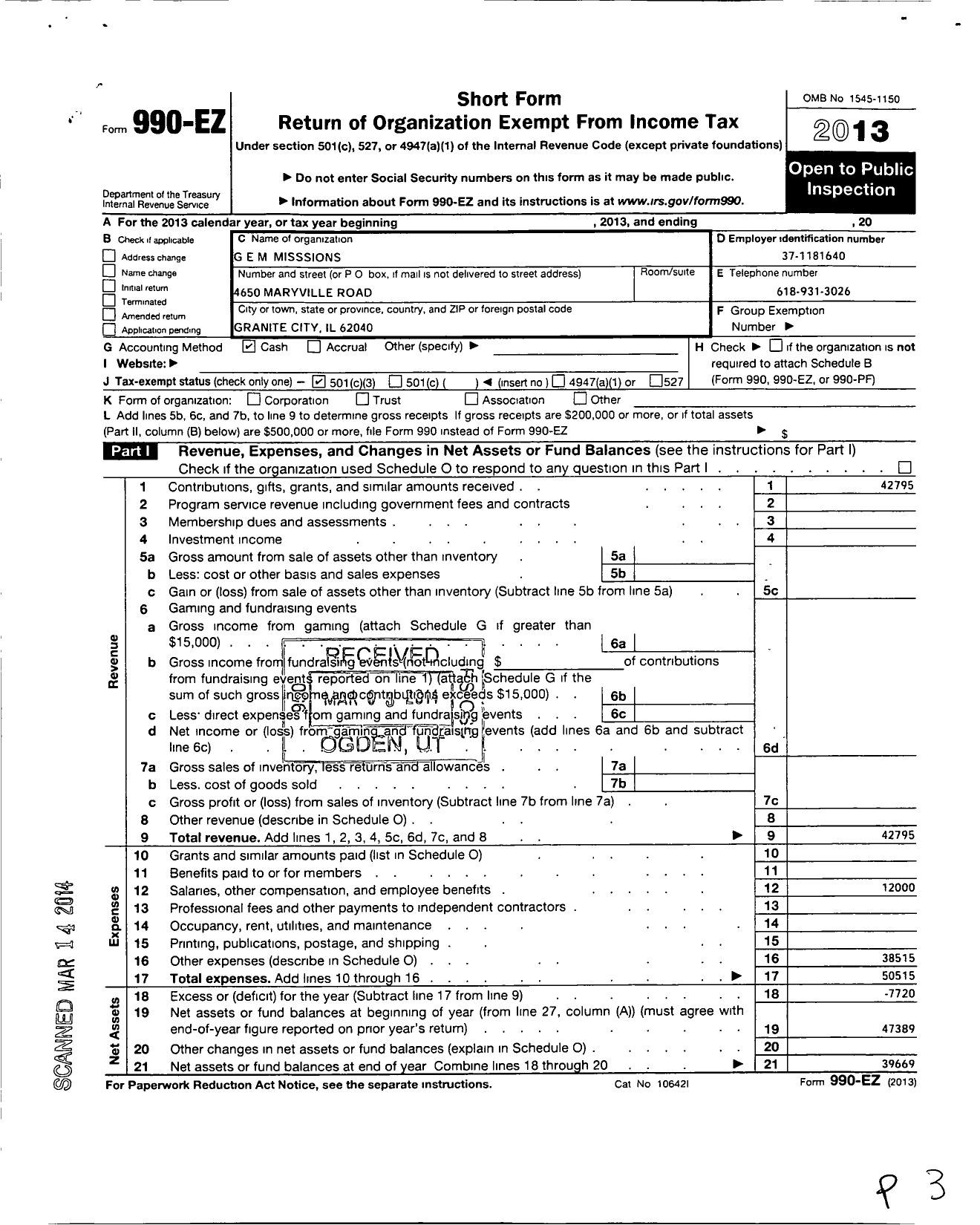 Image of first page of 2013 Form 990EZ for Gem Missions