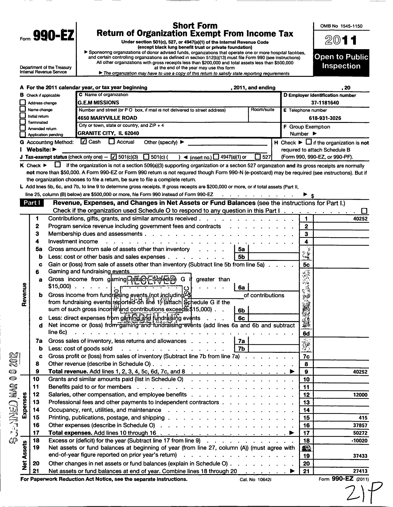 Image of first page of 2011 Form 990EZ for Gem Missions