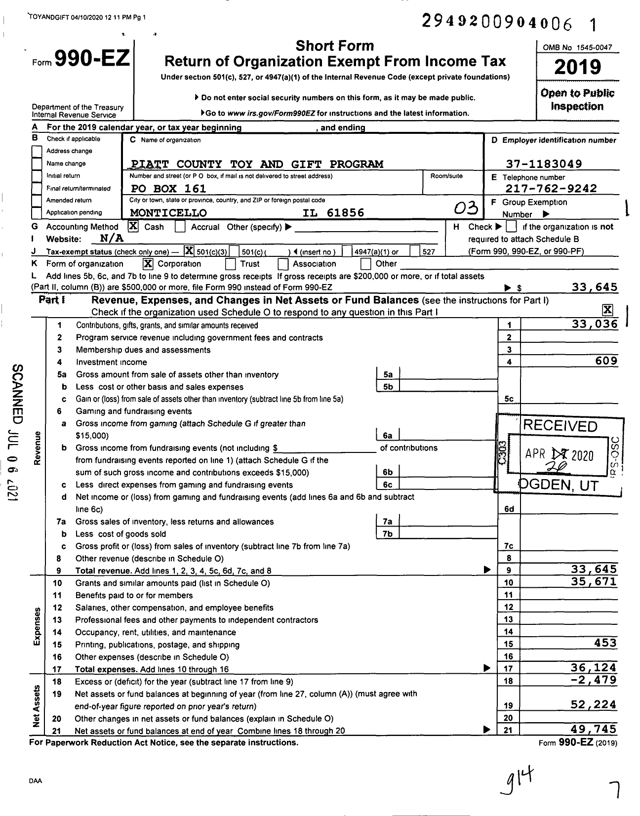 Image of first page of 2019 Form 990EZ for Piatt County Toy and Gift Program