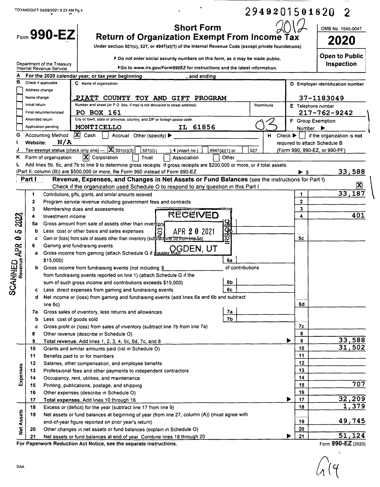 Image of first page of 2020 Form 990EZ for Piatt County Toy and Gift Program