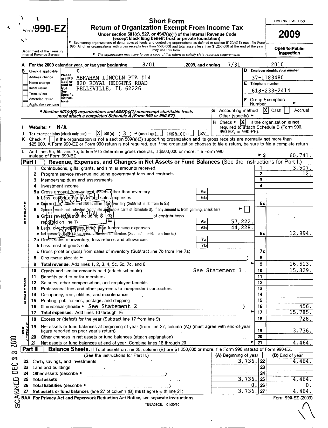 Image of first page of 2009 Form 990EZ for Illinois PTA - Abraham Lincoln PTA