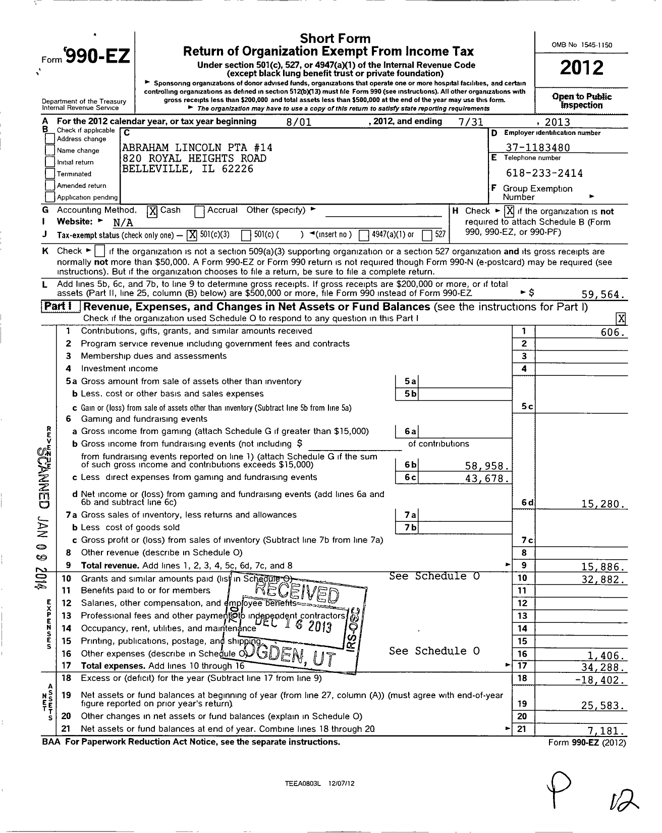 Image of first page of 2012 Form 990EZ for Illinois PTA - Abraham Lincoln PTA