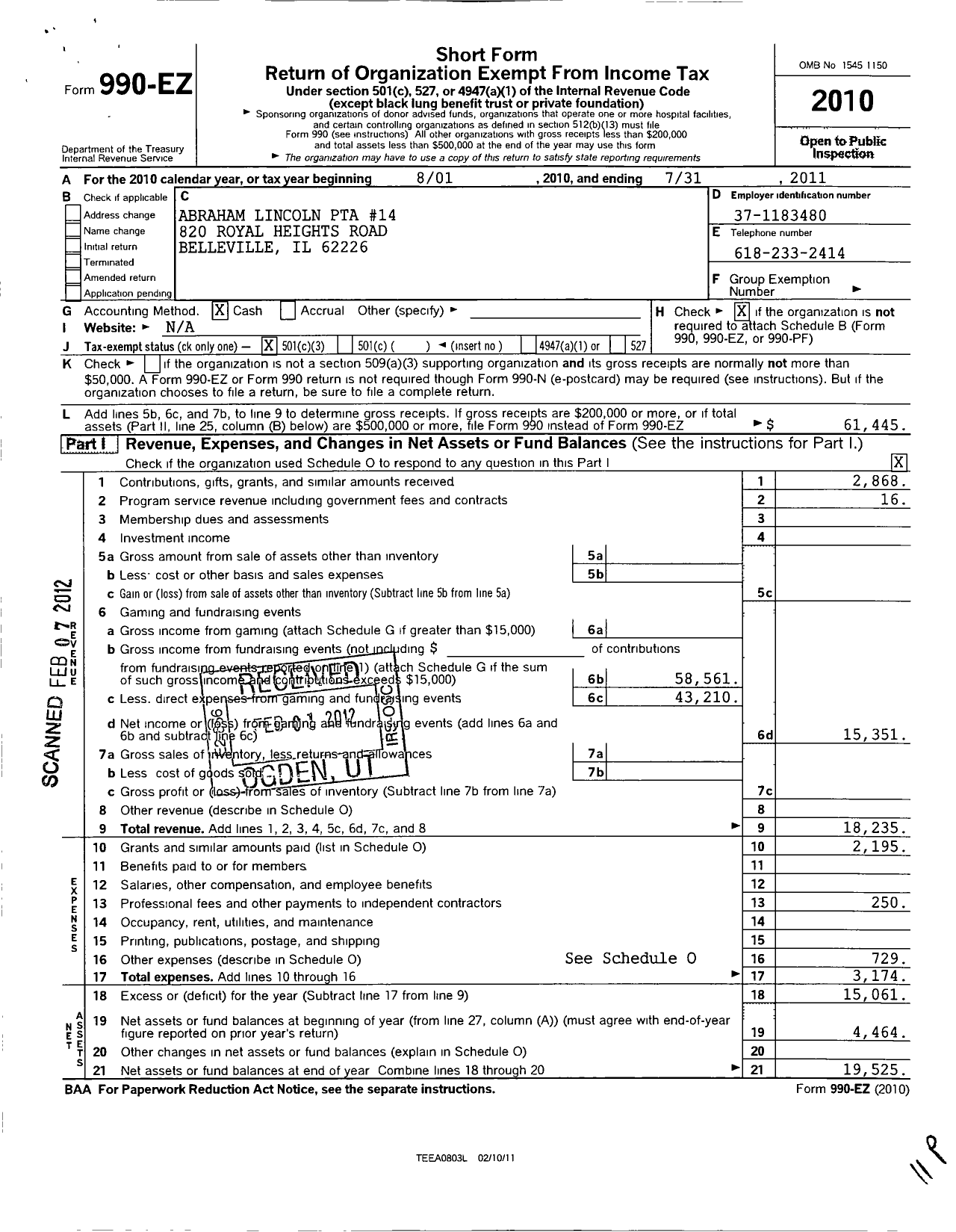 Image of first page of 2010 Form 990EZ for Illinois PTA - Abraham Lincoln PTA