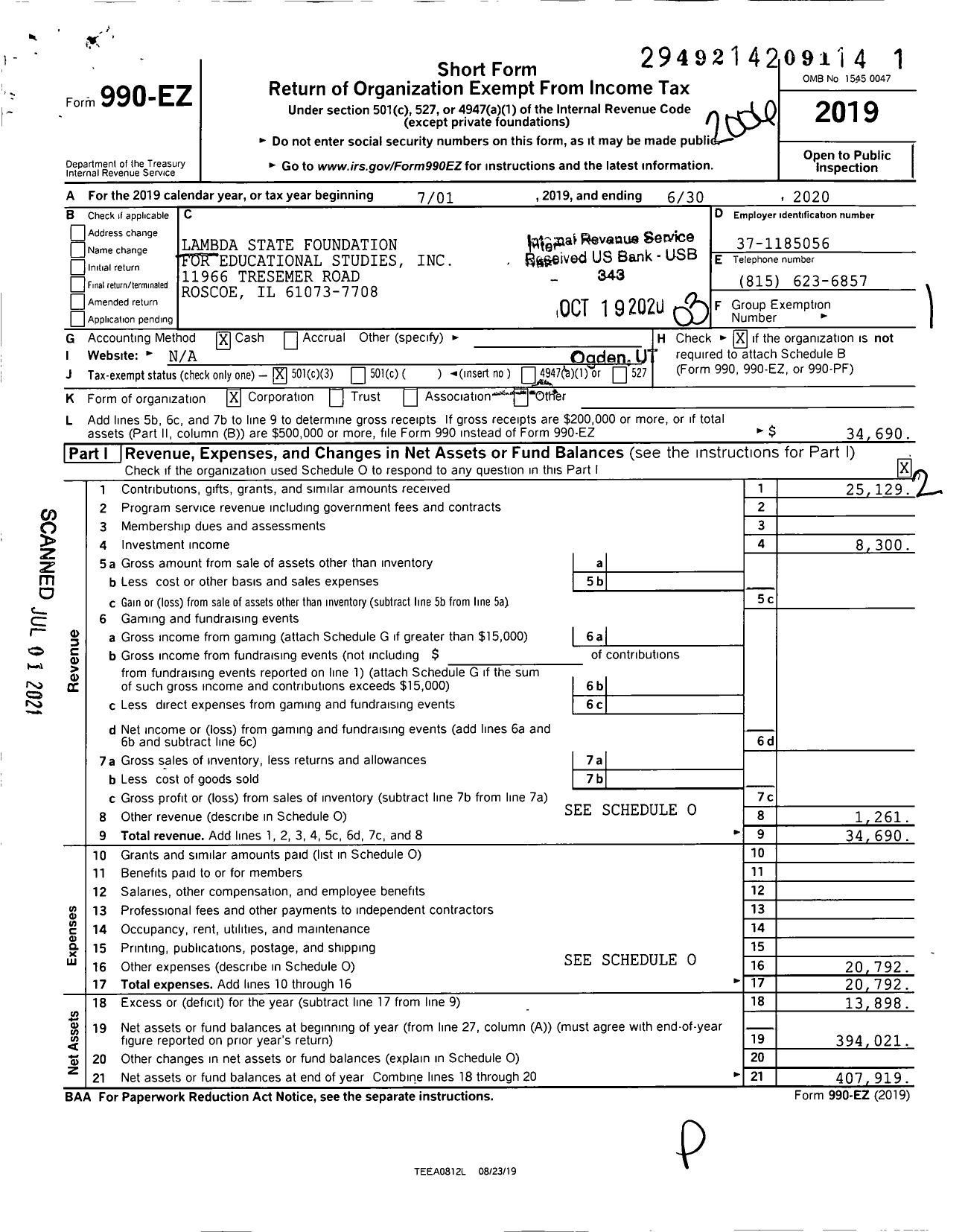 Image of first page of 2019 Form 990EZ for Lambda State Foundation for Educational Studies