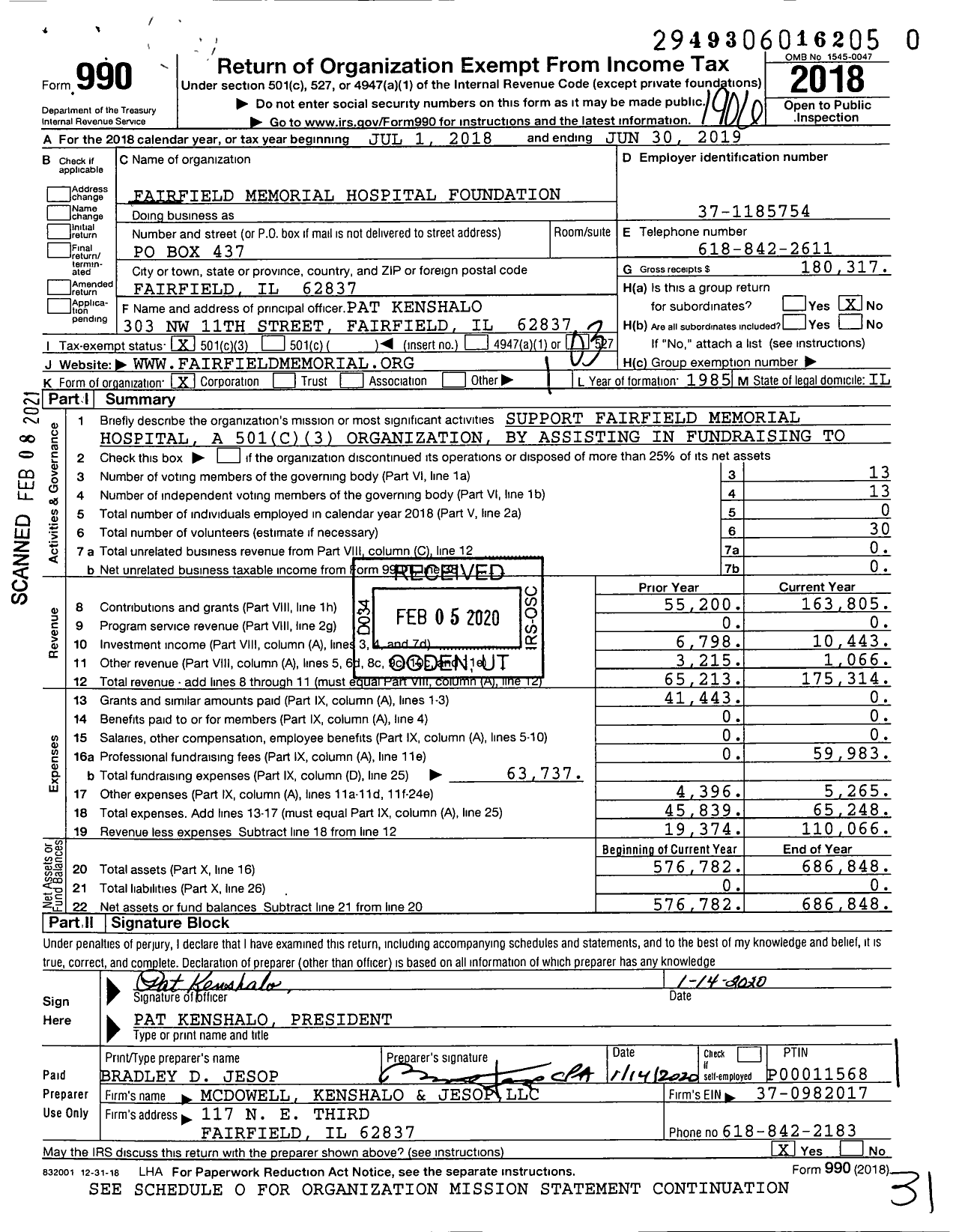 Image of first page of 2018 Form 990 for Fairfield Memorial Hospital Foundation