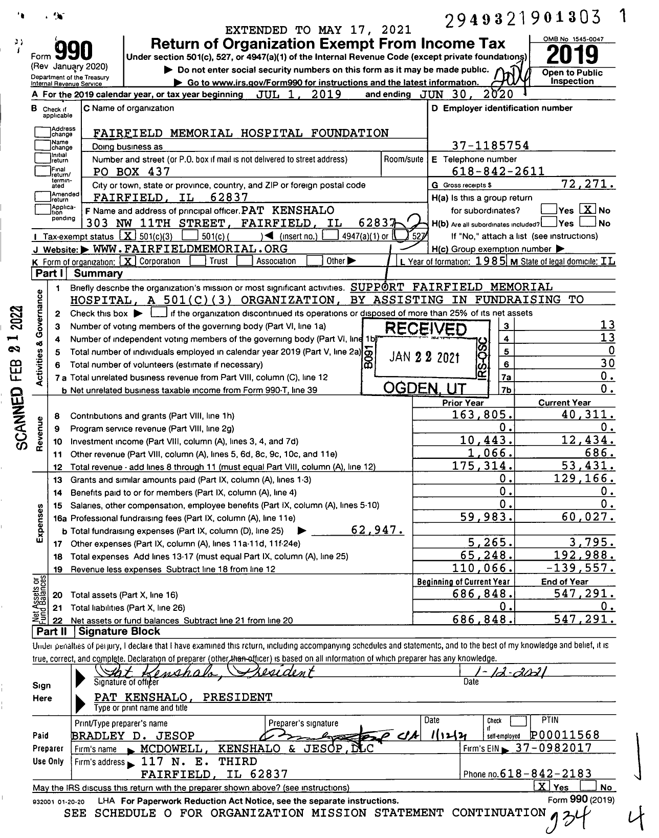 Image of first page of 2019 Form 990 for Fairfield Memorial Hospital Foundation