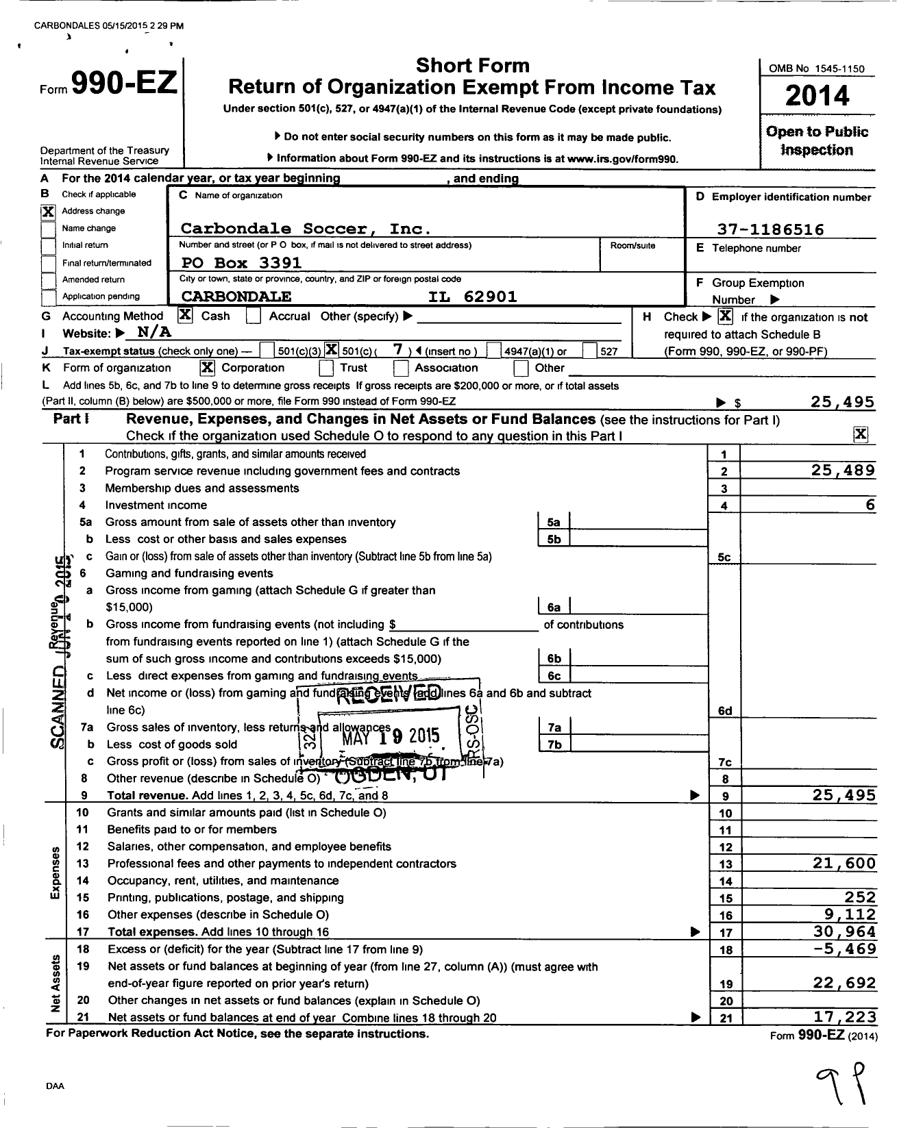 Image of first page of 2014 Form 990EO for Carbondale Soccer