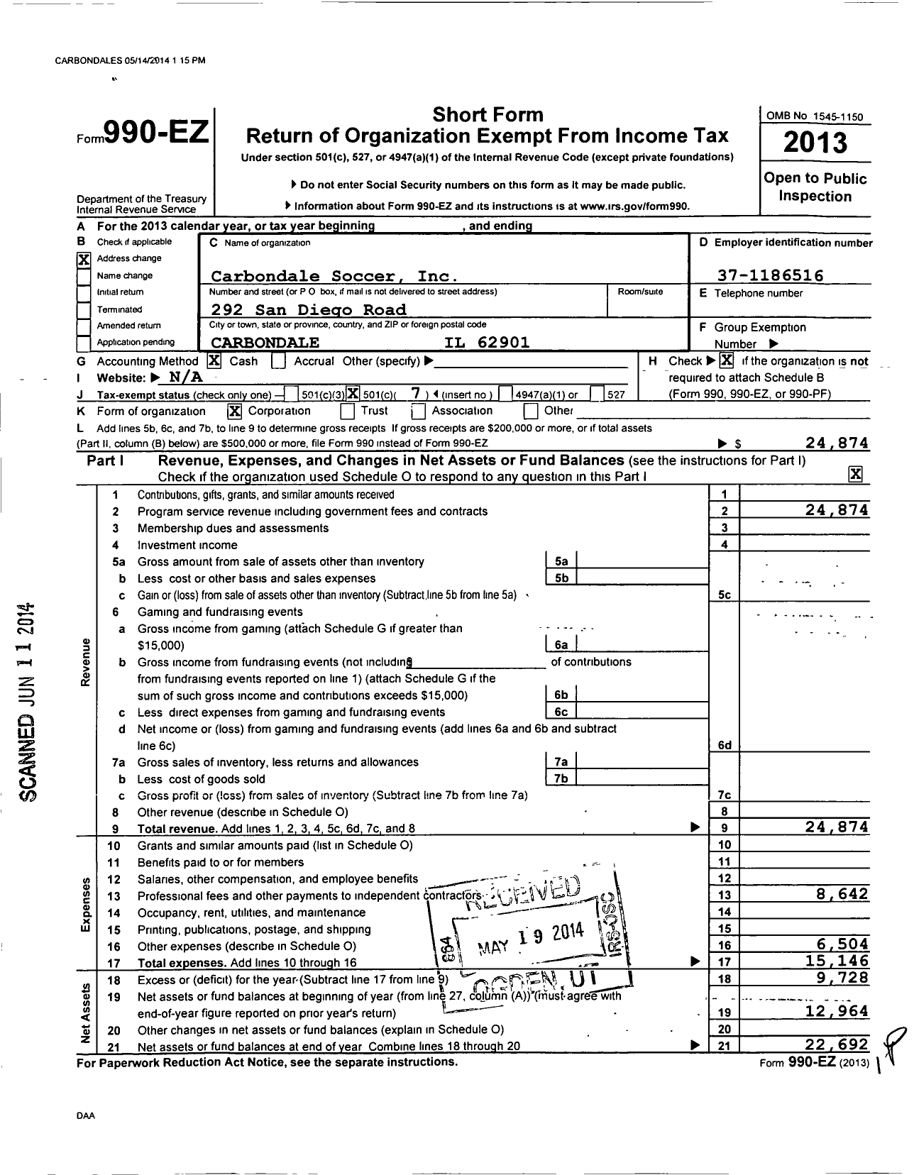 Image of first page of 2013 Form 990EO for Carbondale Soccer