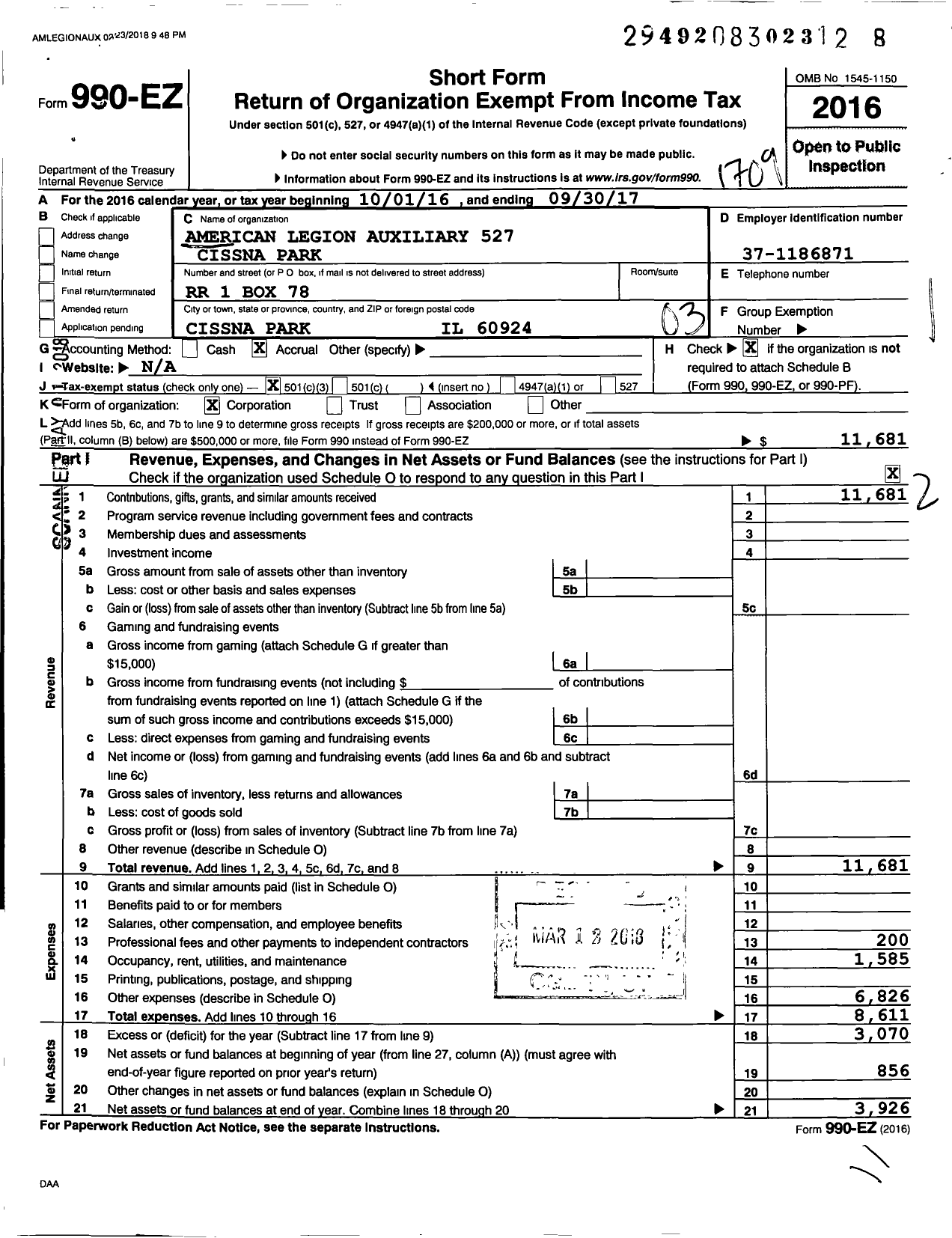 Image of first page of 2016 Form 990EZ for American Legion Auxiliary - 527 Cissna Park