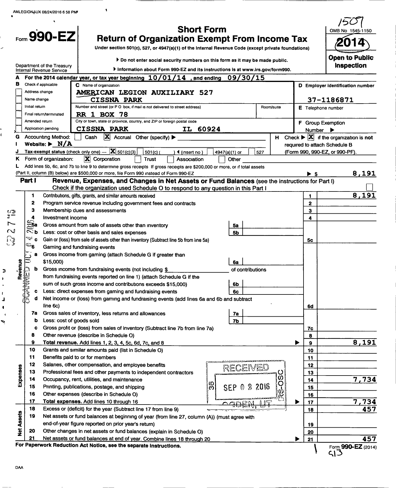 Image of first page of 2014 Form 990EZ for American Legion Auxiliary - 527 Cissna Park