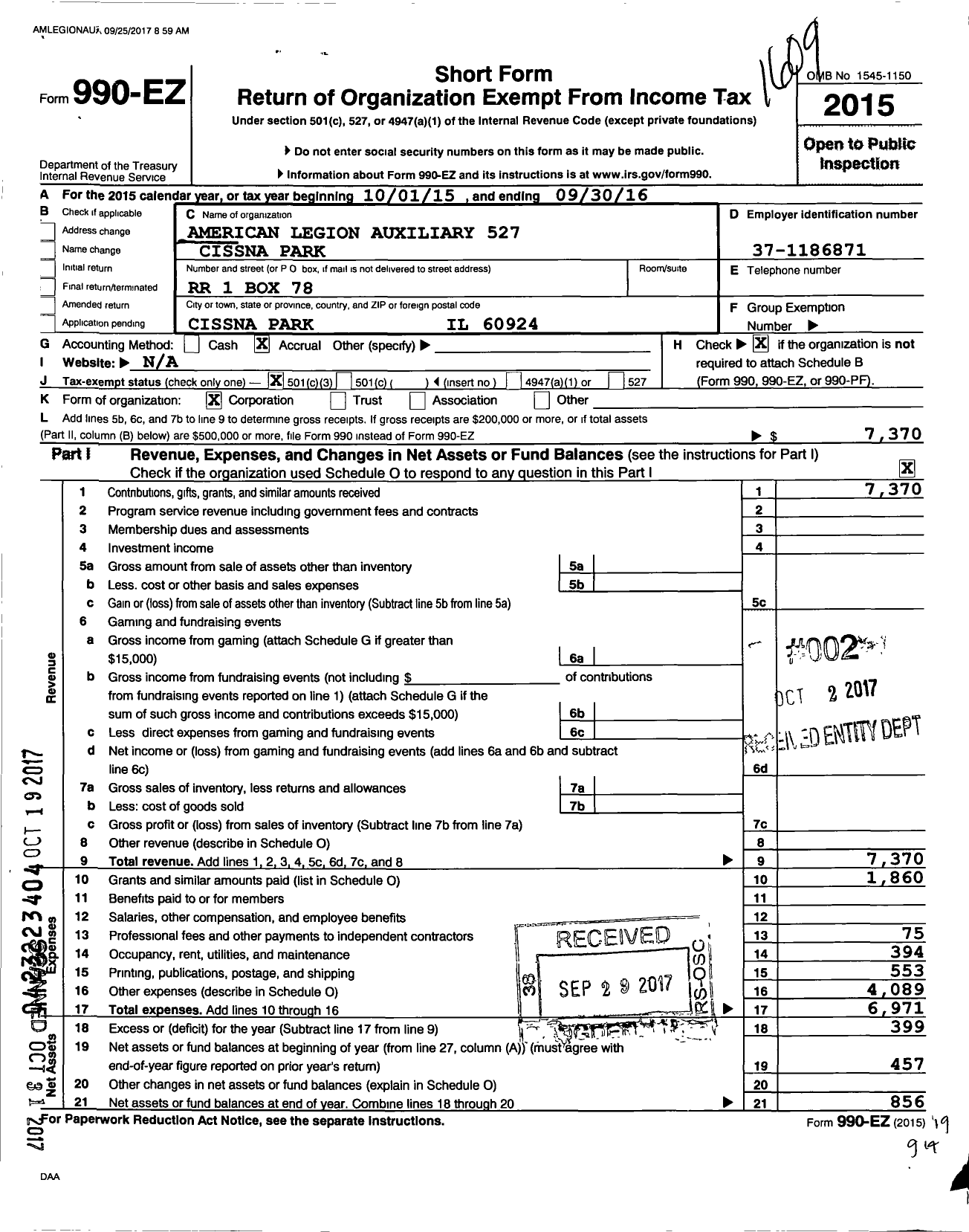 Image of first page of 2015 Form 990EZ for American Legion Auxiliary - 527 Cissna Park