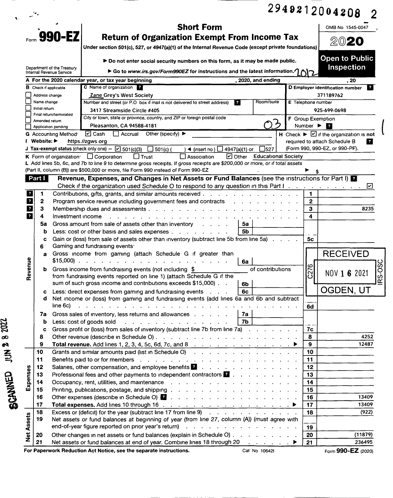 Image of first page of 2020 Form 990EZ for Zane Grey's West Society