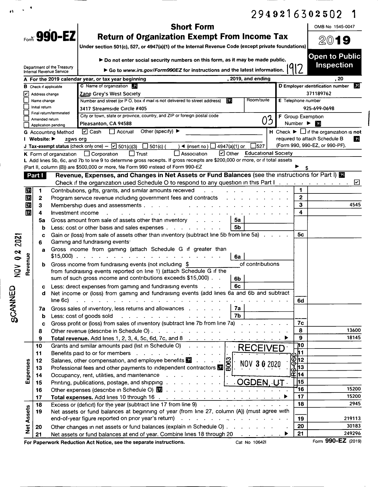 Image of first page of 2019 Form 990EZ for Zane Grey's West Society