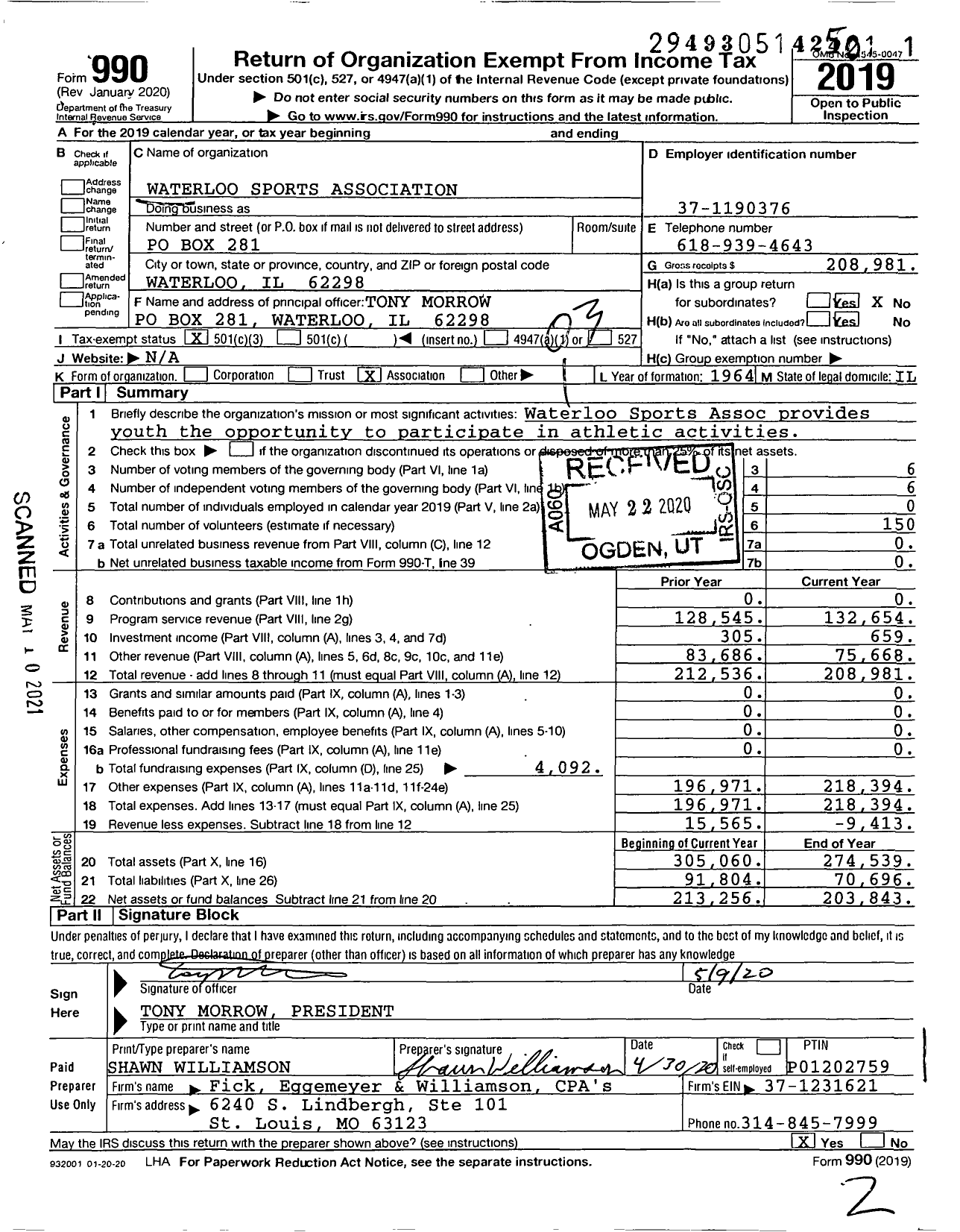 Image of first page of 2019 Form 990 for Waterloo Sports Association