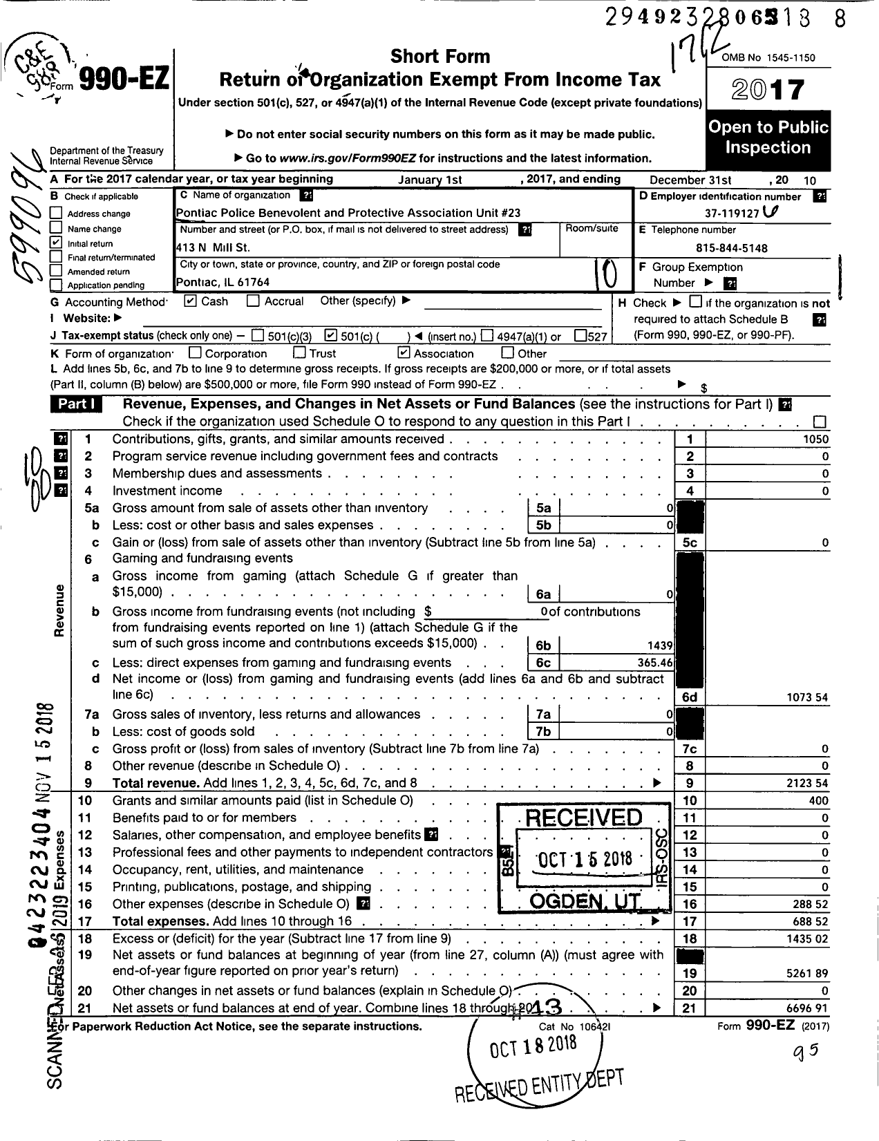 Image of first page of 2017 Form 990EO for Pontiac Police Benevolent and Protective Association Unit 23