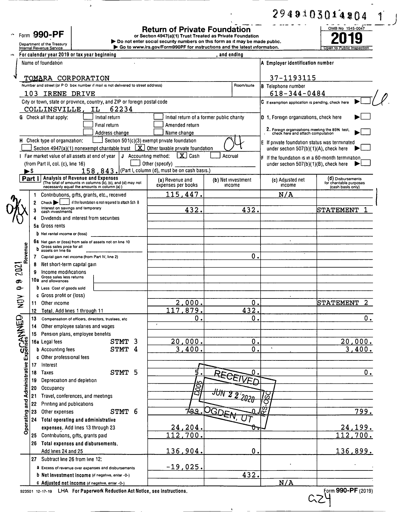 Image of first page of 2019 Form 990PF for Tomara Corporation