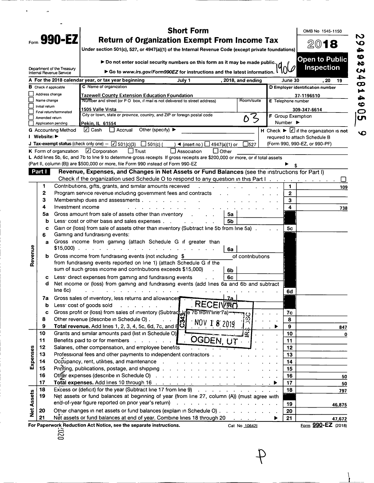 Image of first page of 2018 Form 990EZ for Tazewell County Extension Foundation