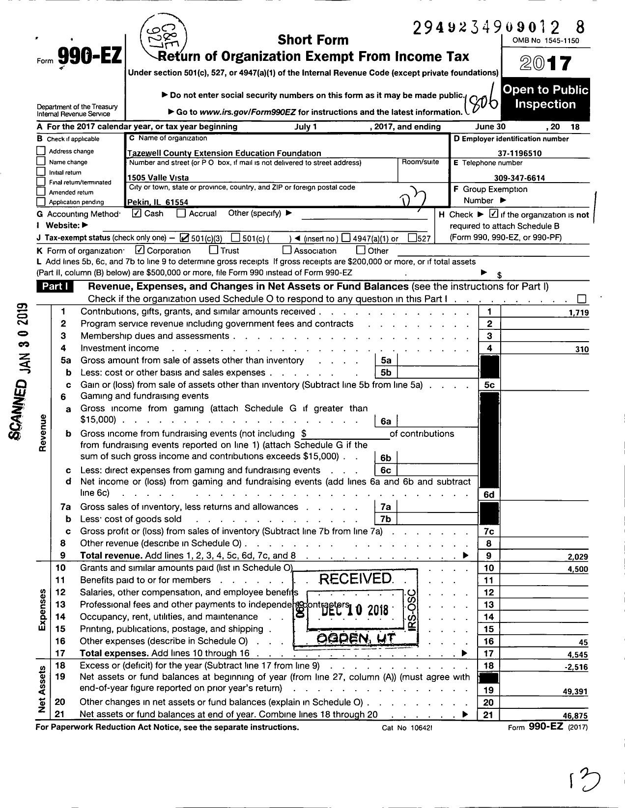 Image of first page of 2017 Form 990EZ for Tazewell County Extension Foundation