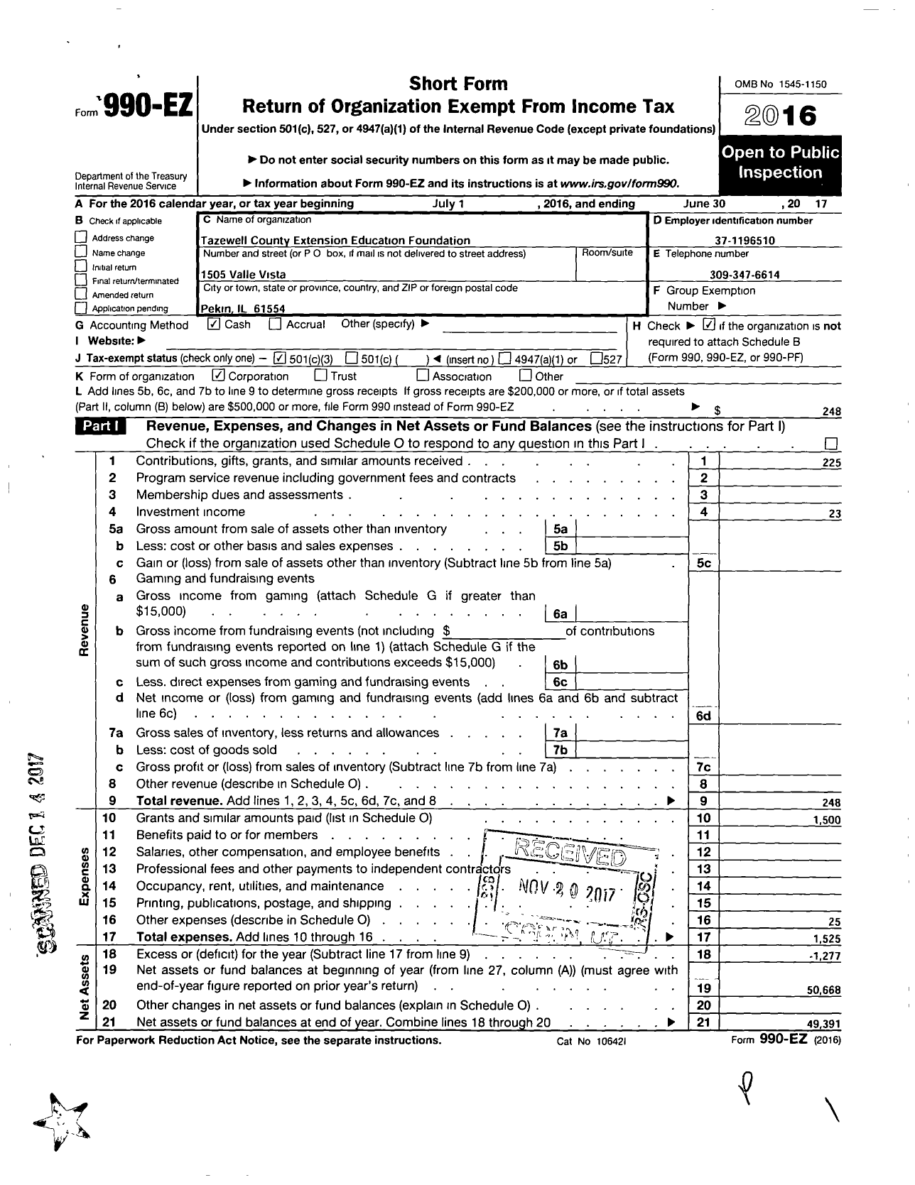 Image of first page of 2016 Form 990EZ for Tazewell County Extension Foundation