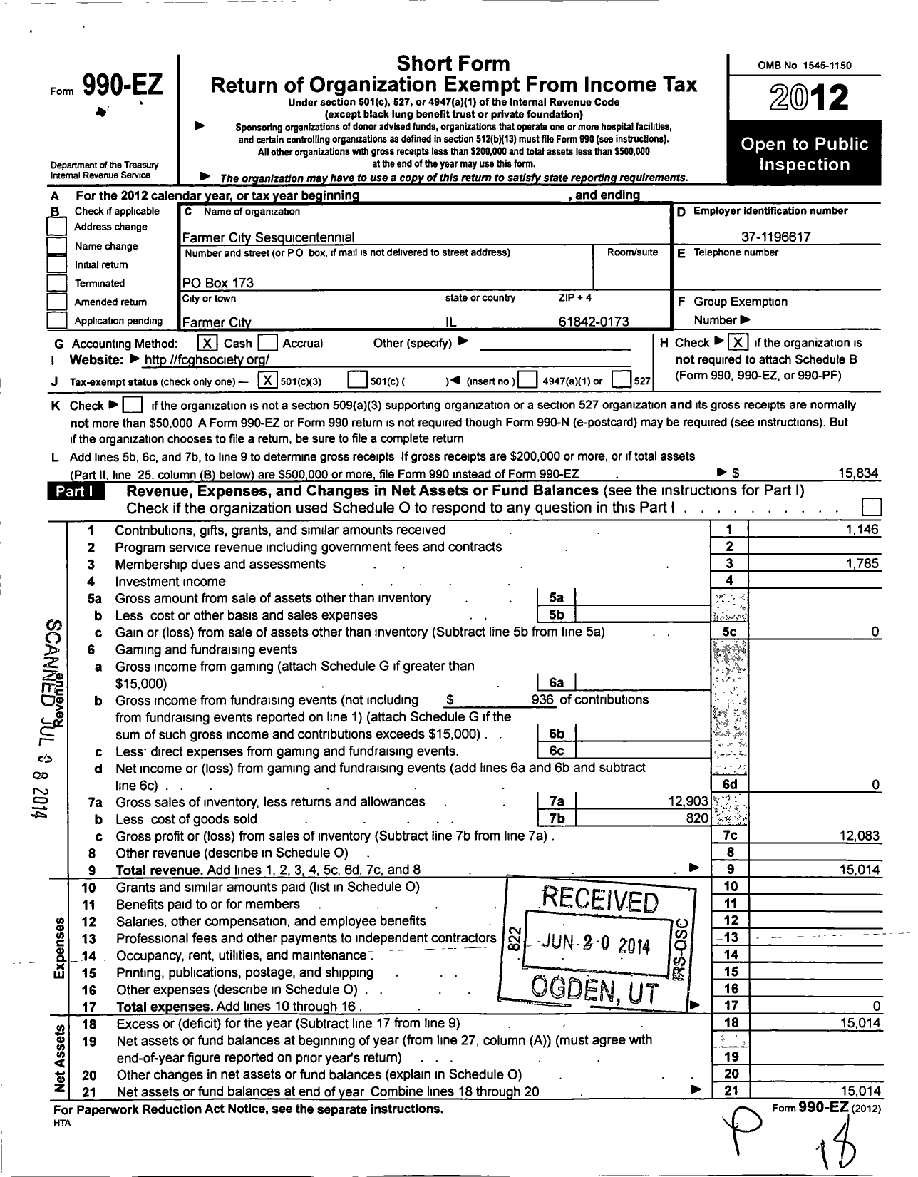 Image of first page of 2012 Form 990EZ for Farmers City Sesquicentennial Celebration Corporation