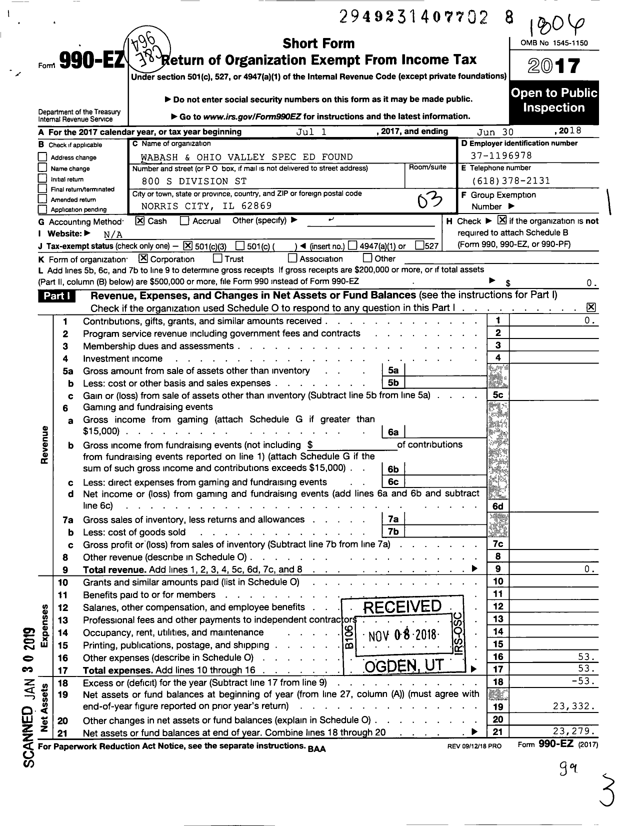 Image of first page of 2017 Form 990EZ for Wabash and Ohio Valley Special Education Foundation