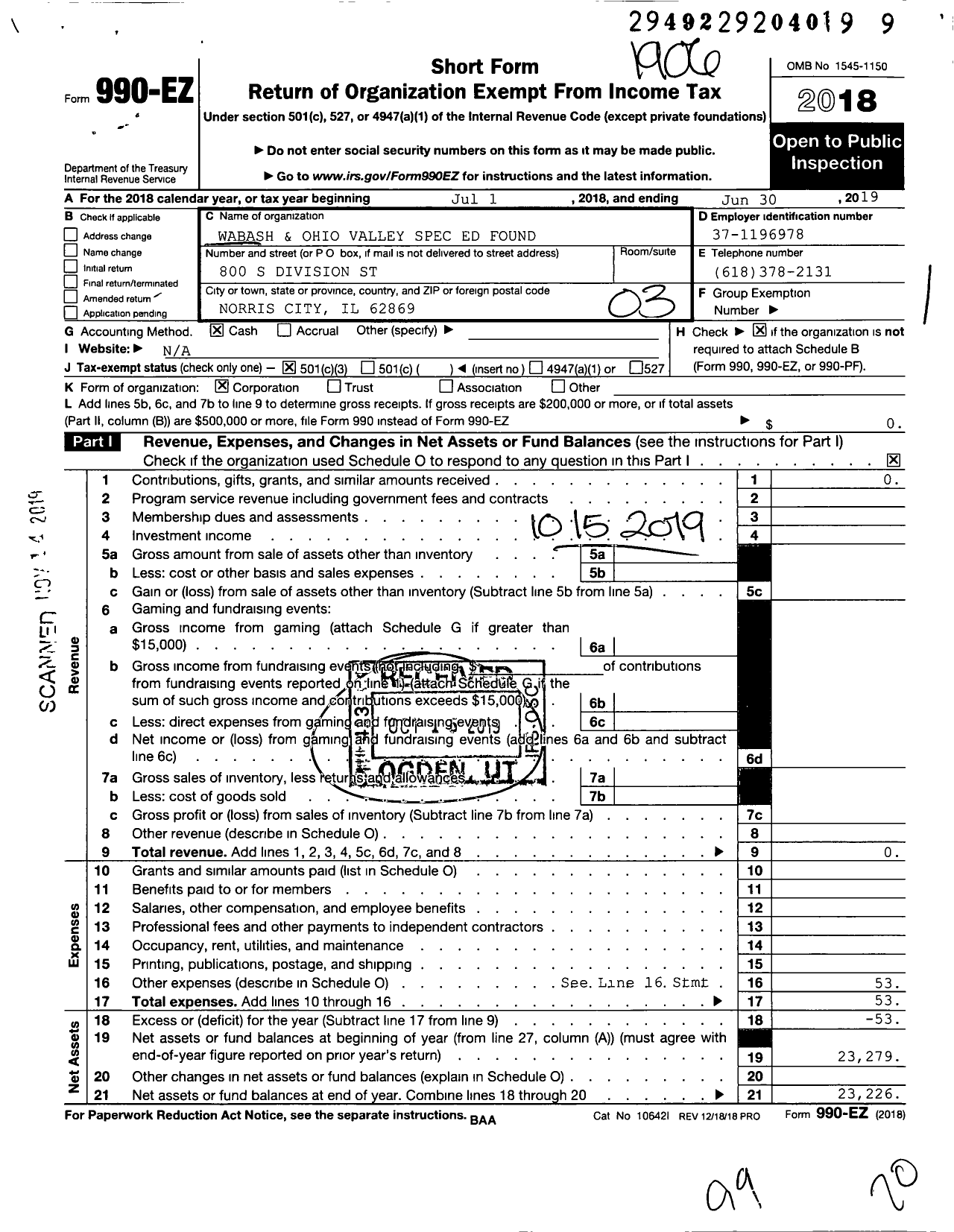 Image of first page of 2018 Form 990EZ for Wabash and Ohio Valley Special Education Foundation