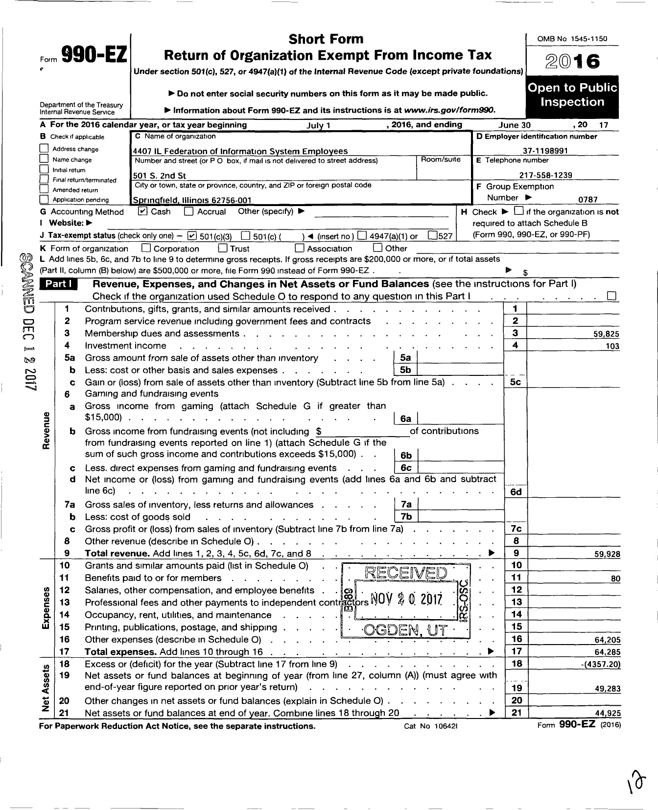 Image of first page of 2016 Form 990EZ for American Federation of Teachers - 4407 Il Fed of Info Systems Emp