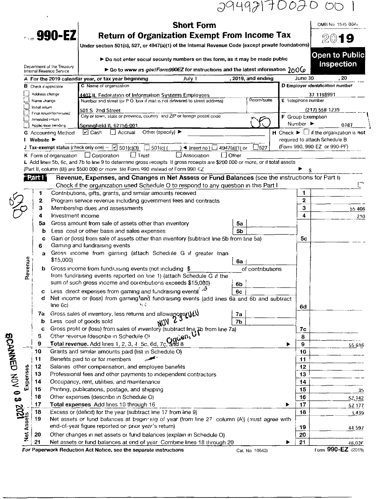 Image of first page of 2019 Form 990EO for American Federation of Teachers - 4407 Il Fed of Info Systems Emp