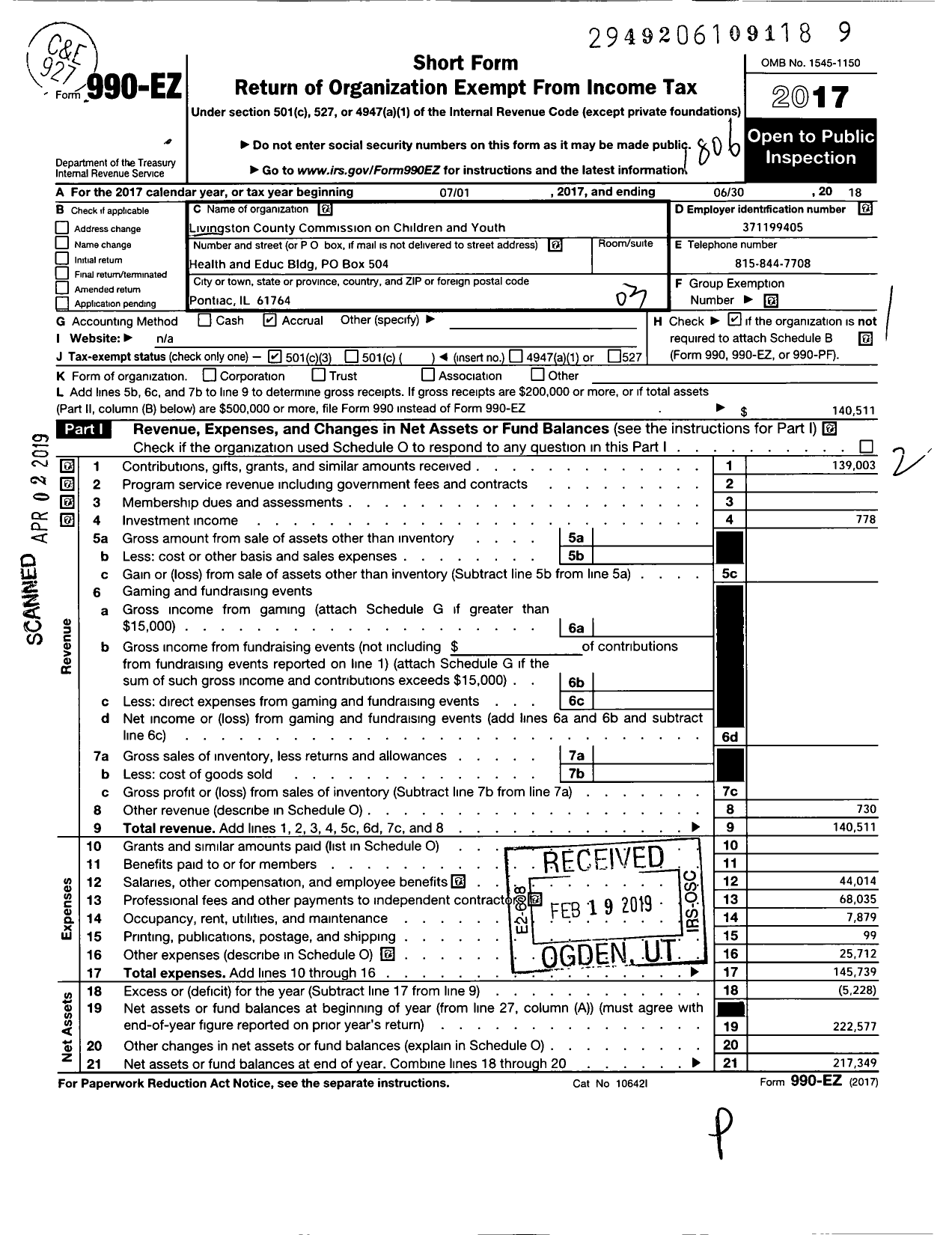 Image of first page of 2017 Form 990EZ for Livingston County Commission on Children and Youth