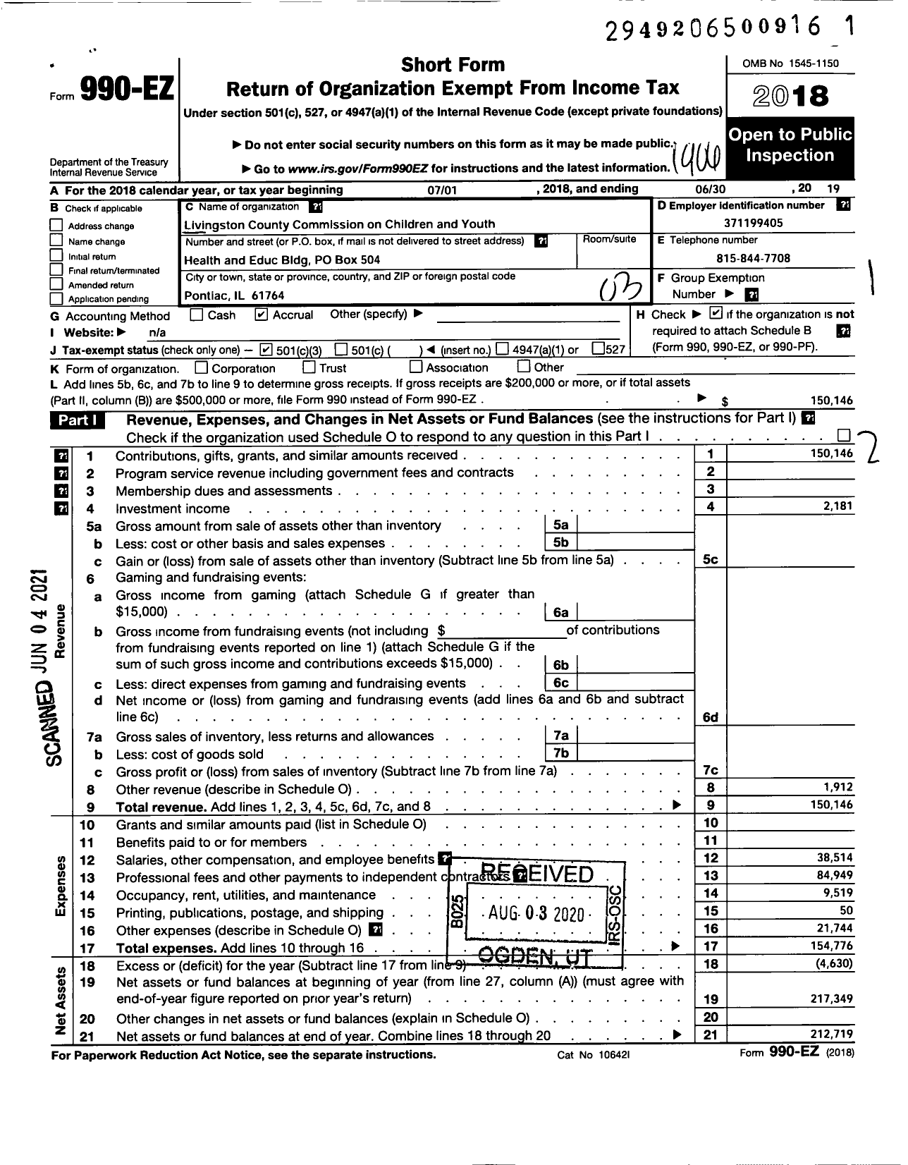 Image of first page of 2018 Form 990EZ for Livingston County Commission on Children and Youth