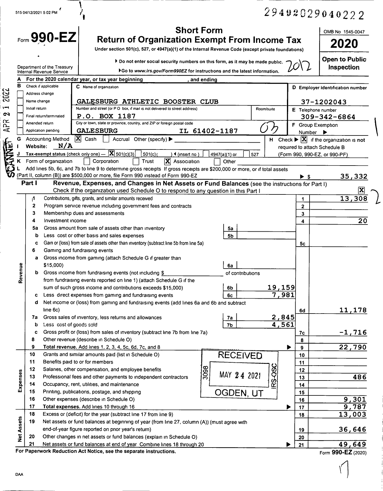 Image of first page of 2020 Form 990EZ for Galesburg Athletic Booster Club