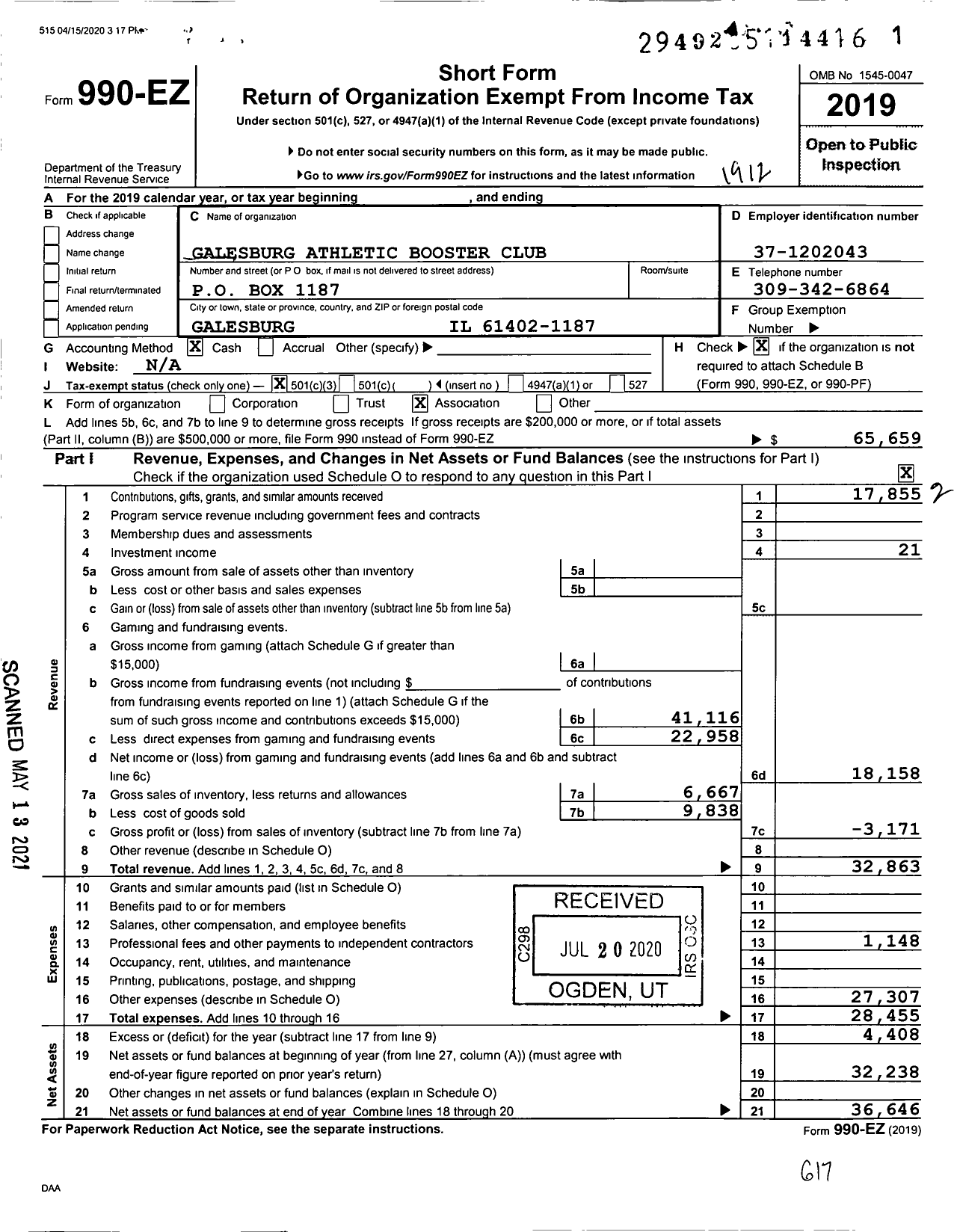 Image of first page of 2019 Form 990EZ for Galesburg Athletic Booster Club