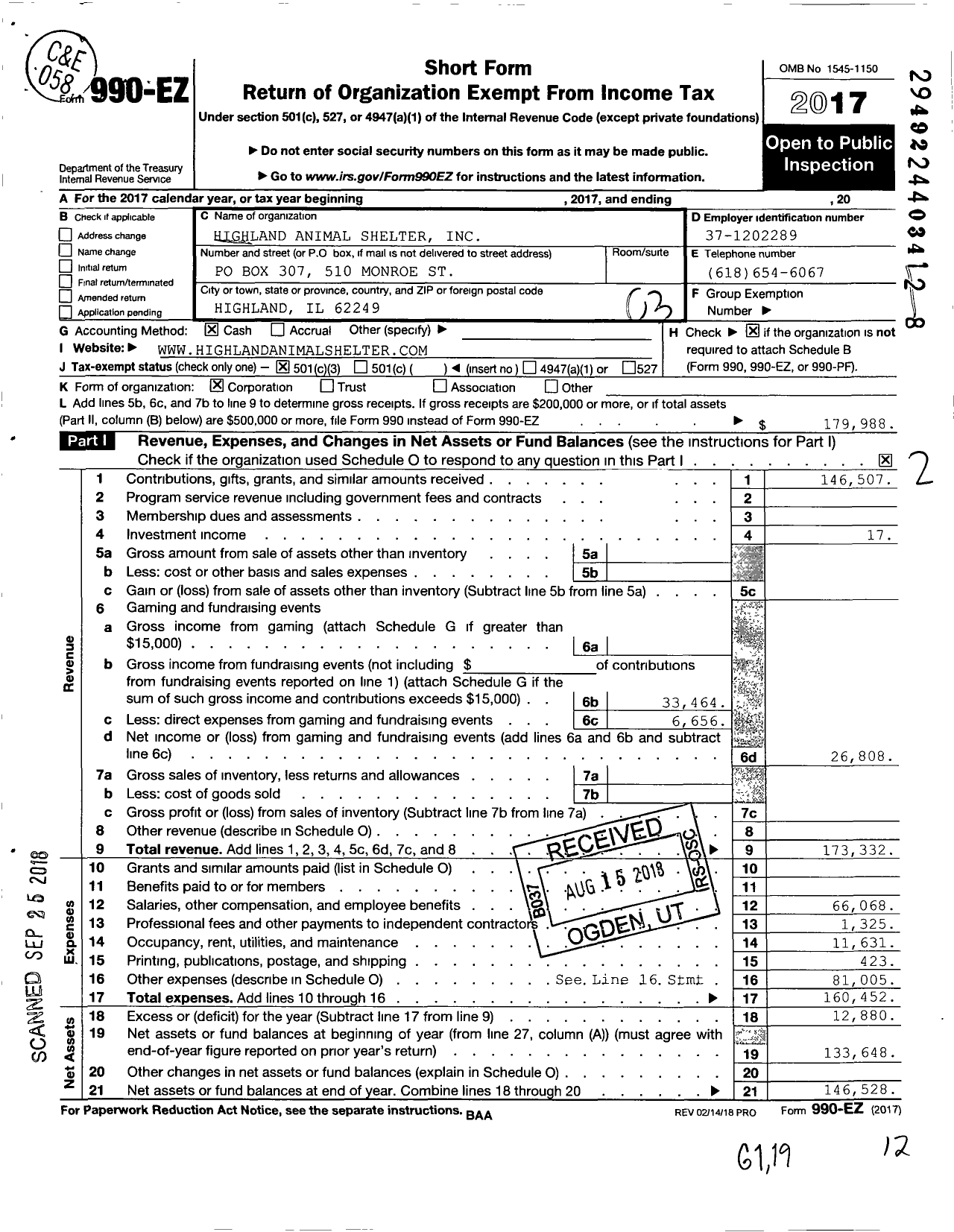 Image of first page of 2017 Form 990EZ for Highland Animal Shelter