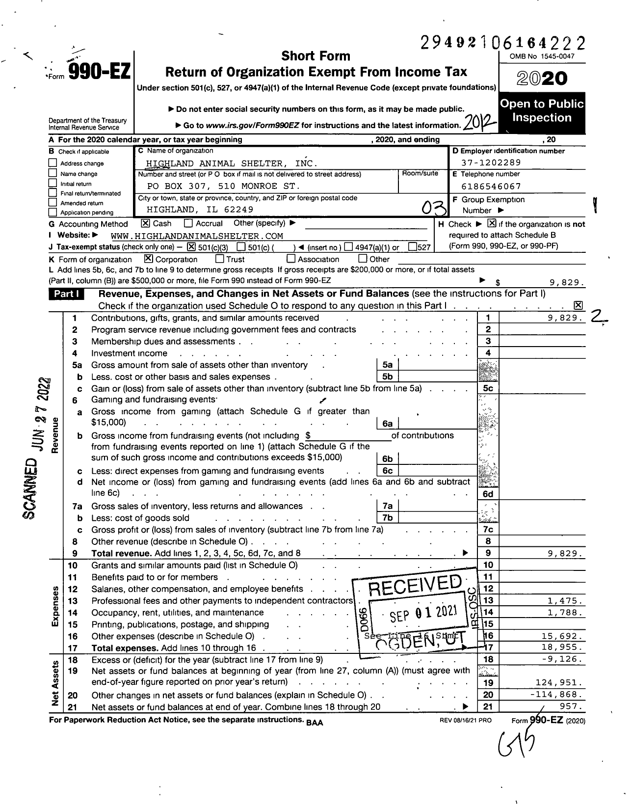 Image of first page of 2020 Form 990EZ for Highland Animal Shelter