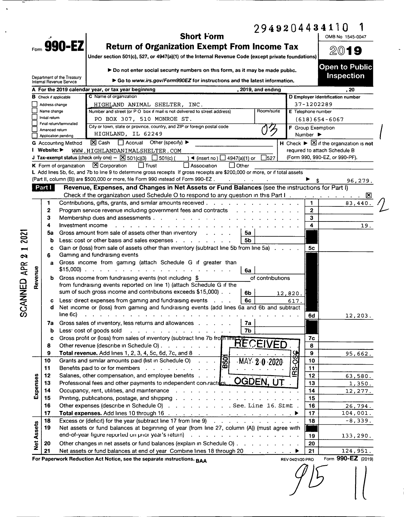Image of first page of 2019 Form 990EZ for Highland Animal Shelter
