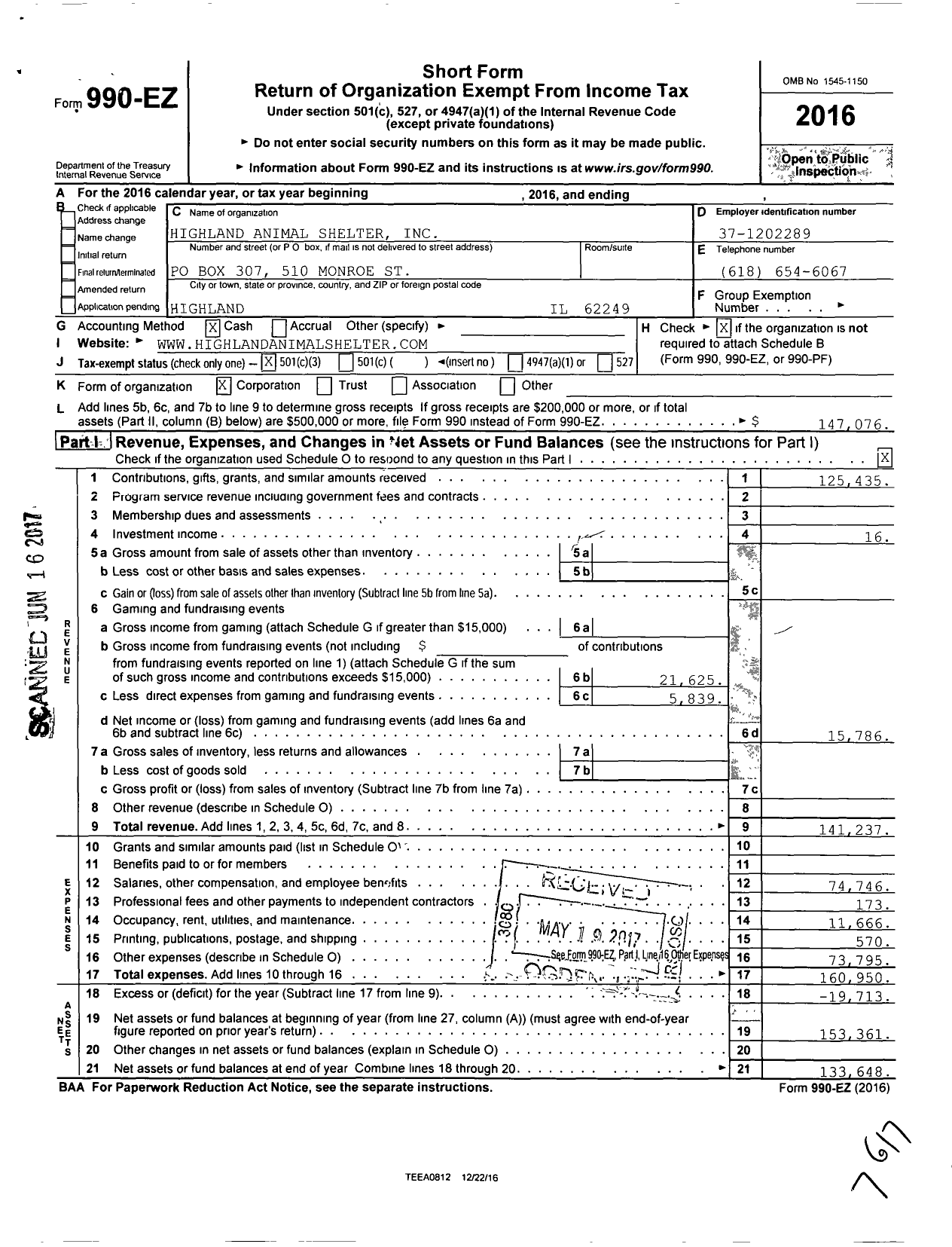 Image of first page of 2016 Form 990EZ for Highland Animal Shelter
