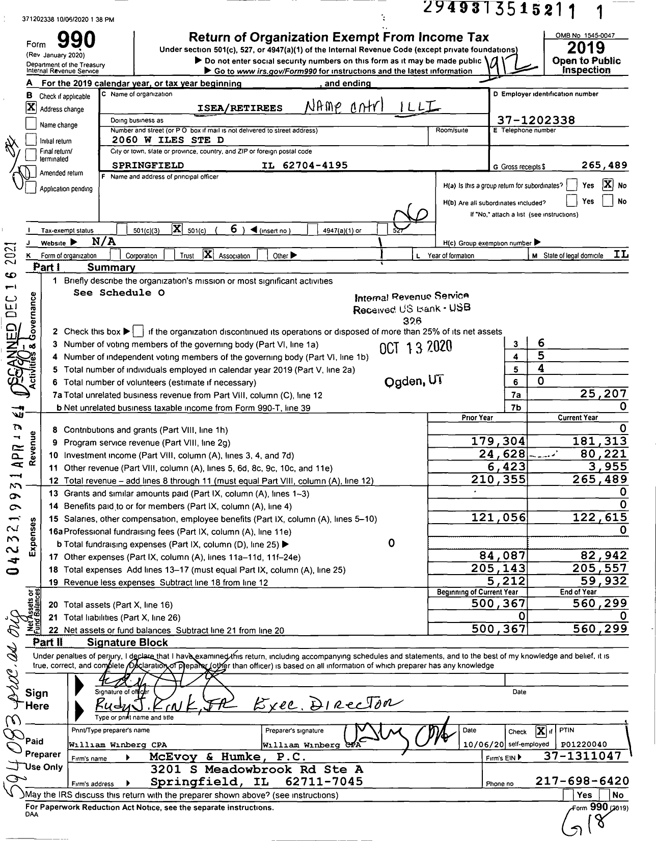 Image of first page of 2019 Form 990O for Illinois State Employees Associaton / Retirees