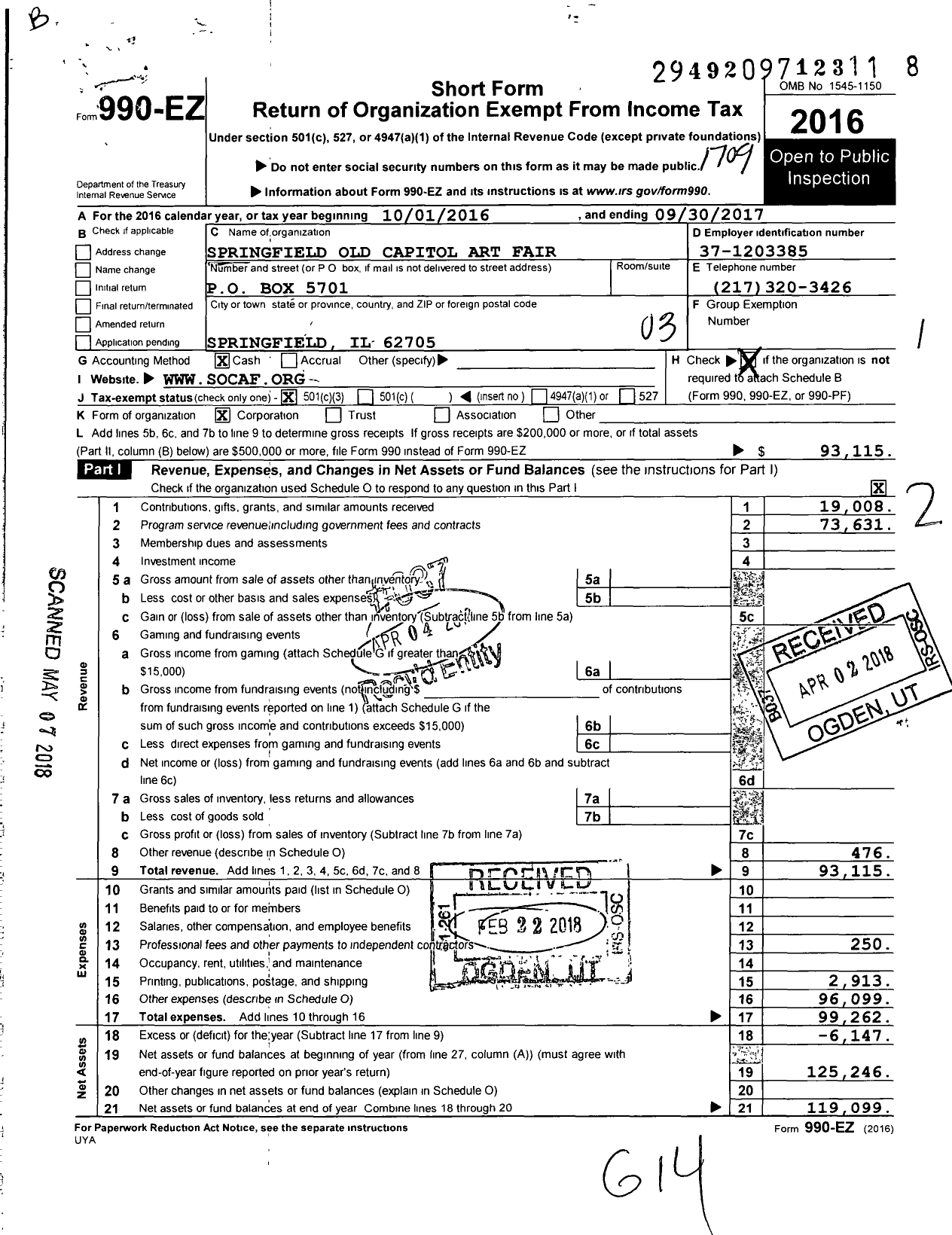 Image of first page of 2016 Form 990EZ for Springfield Old Capital Art Fair