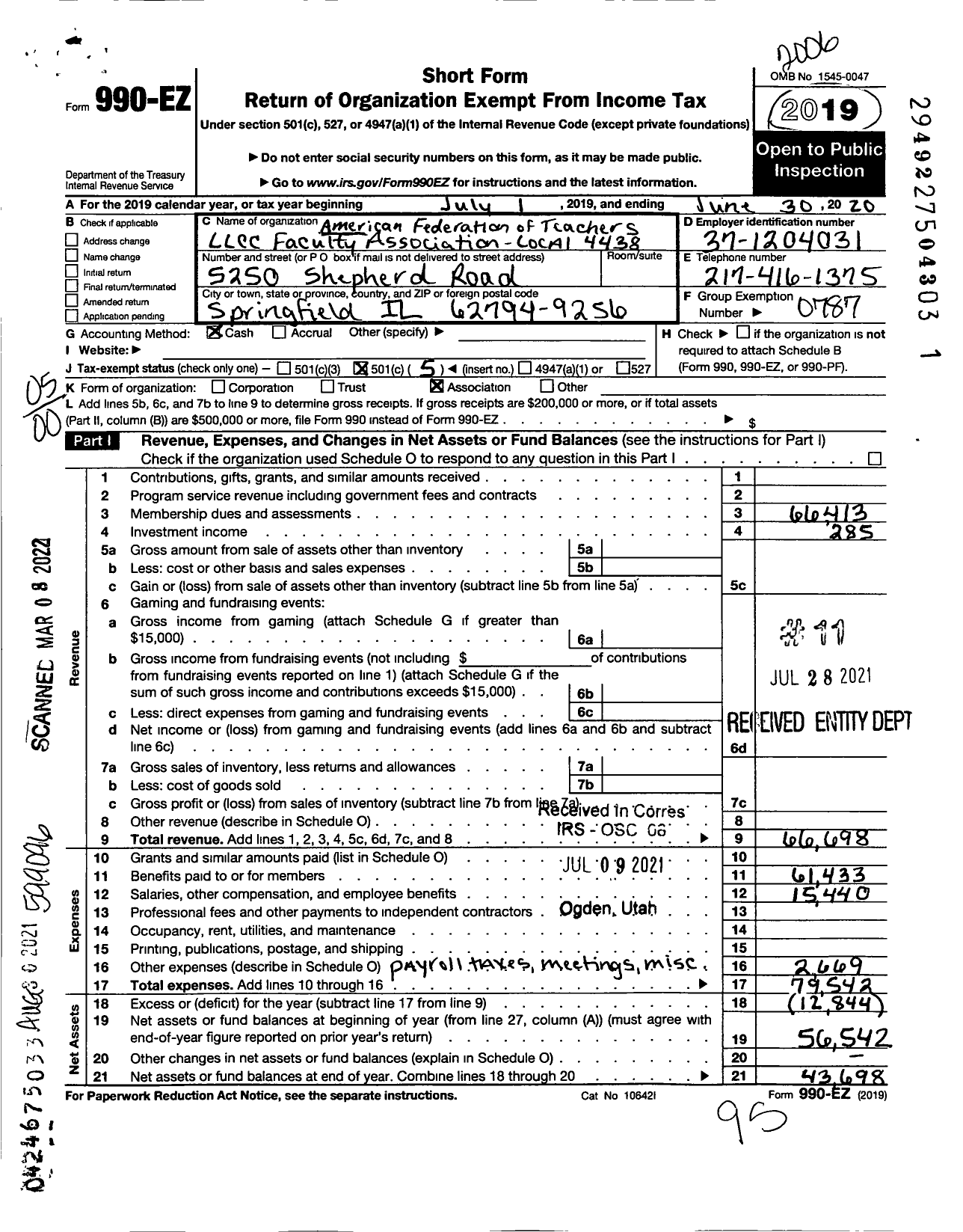 Image of first page of 2019 Form 990EO for American Federation of Teachers - 4438 Lincoln Land Faculty Associati