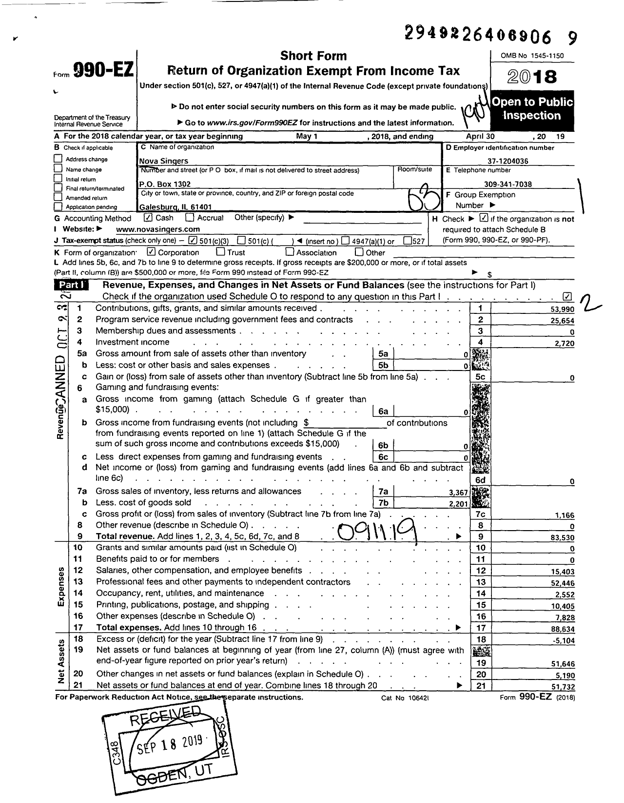 Image of first page of 2018 Form 990EZ for Nova Singers